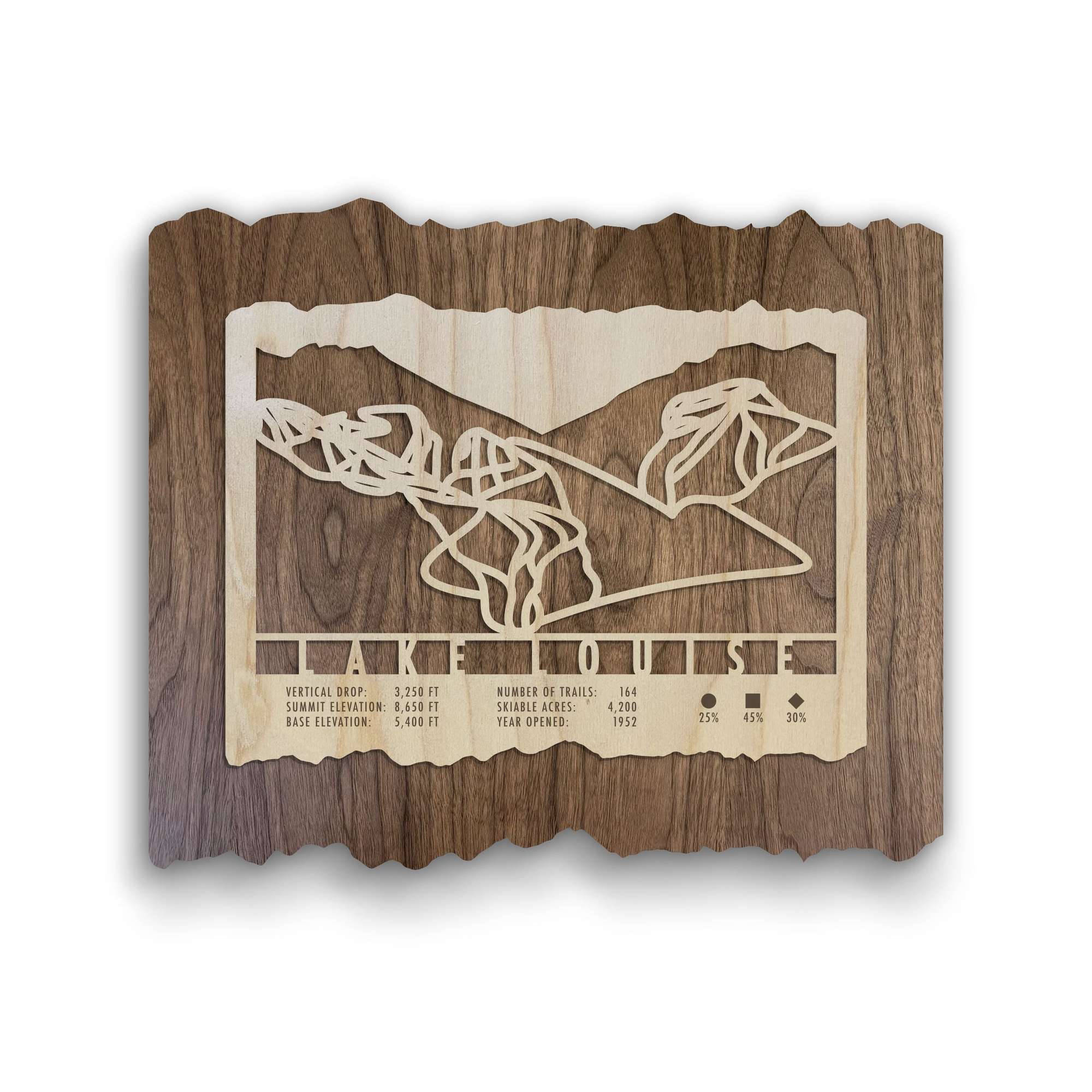 Lake Louise Trail Map - Ski Decor by Mountaincut - wood ski map featuring engraved trail lines and resort stats, ideal for rustic home or lodge decor.