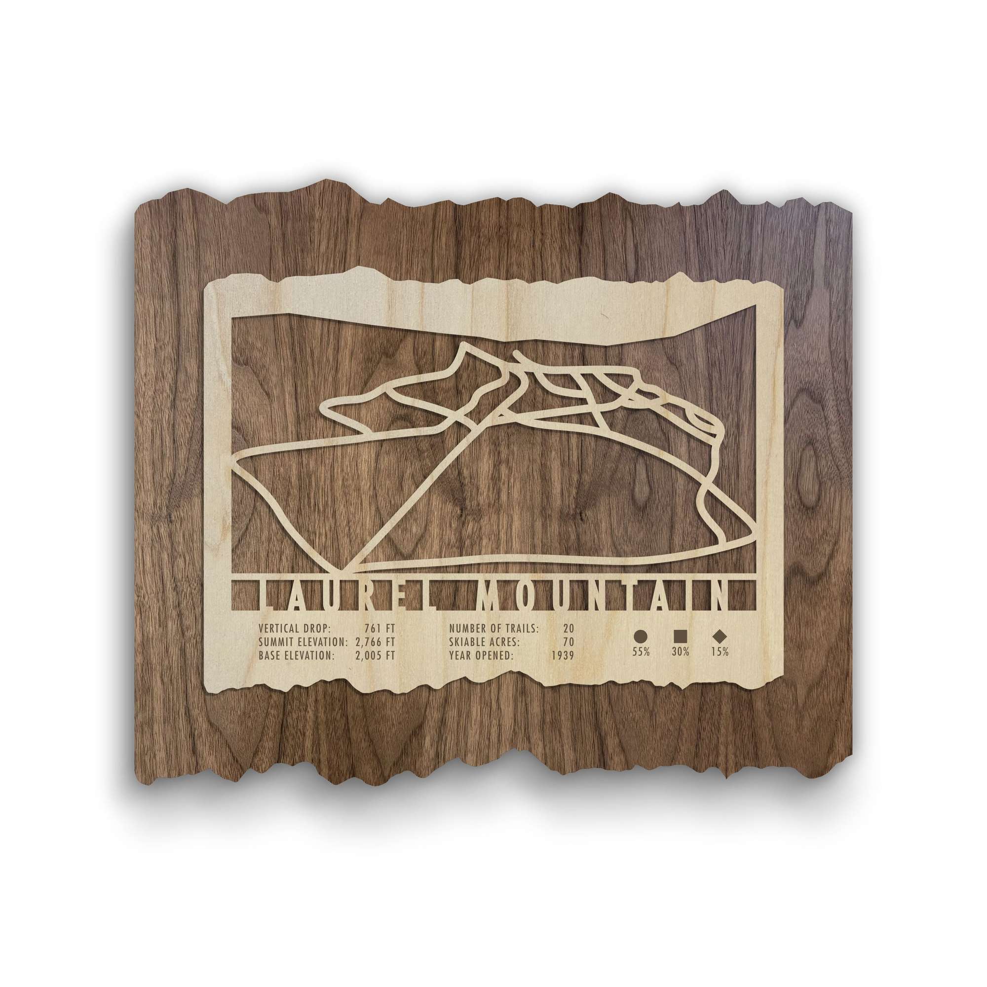Laurel Mountain Ski Trail Map - Wood Wall Decor by Mountaincut featuring laser-cut trail lines on natural wood, ideal for ski-themed home decor.