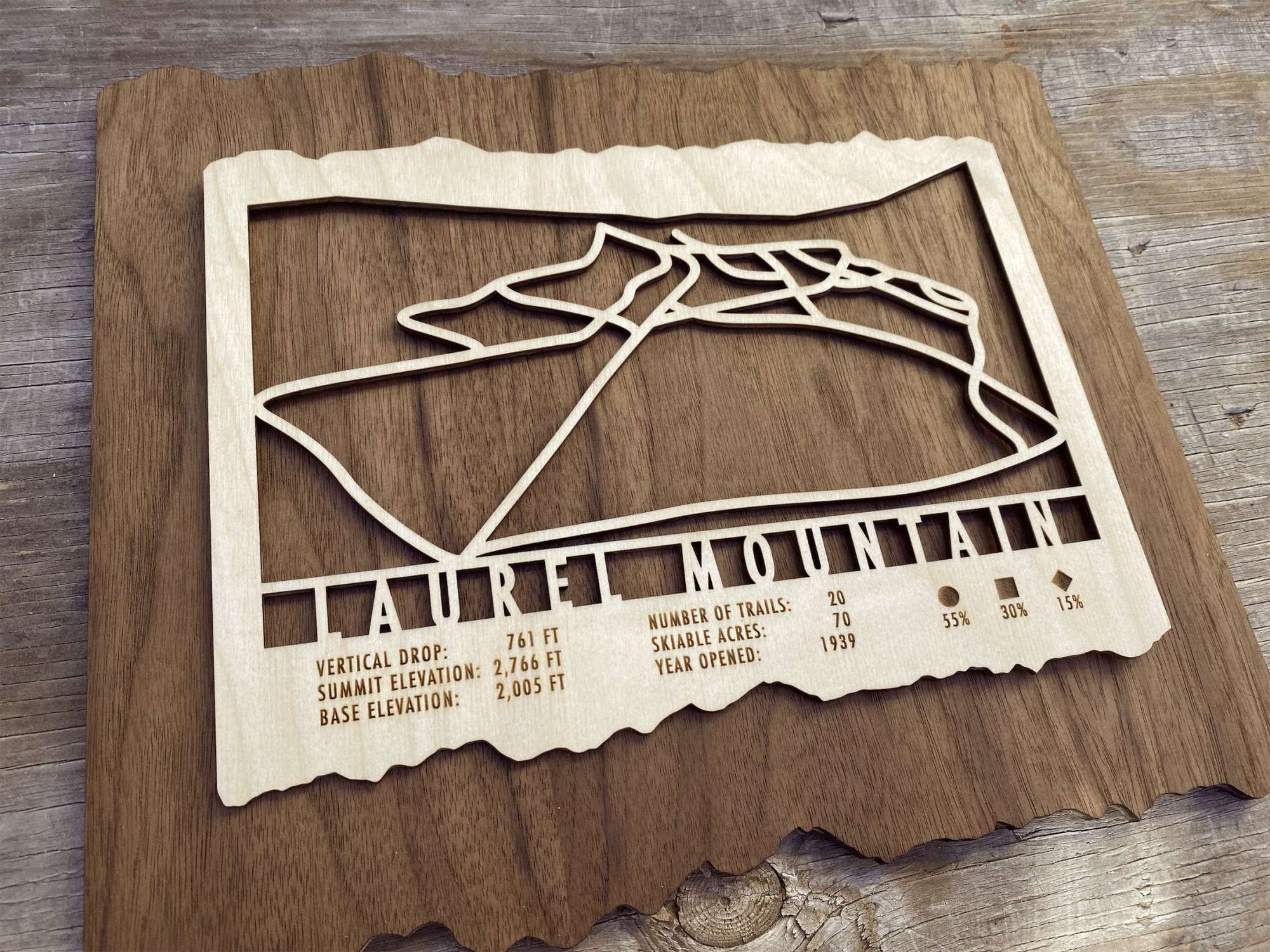 Close-up angled view of Laurel Mountain Ski Trail Map - Wood Wall Decor showing detailed trail cutouts and engraved elevation stats, perfect for lodge decor.