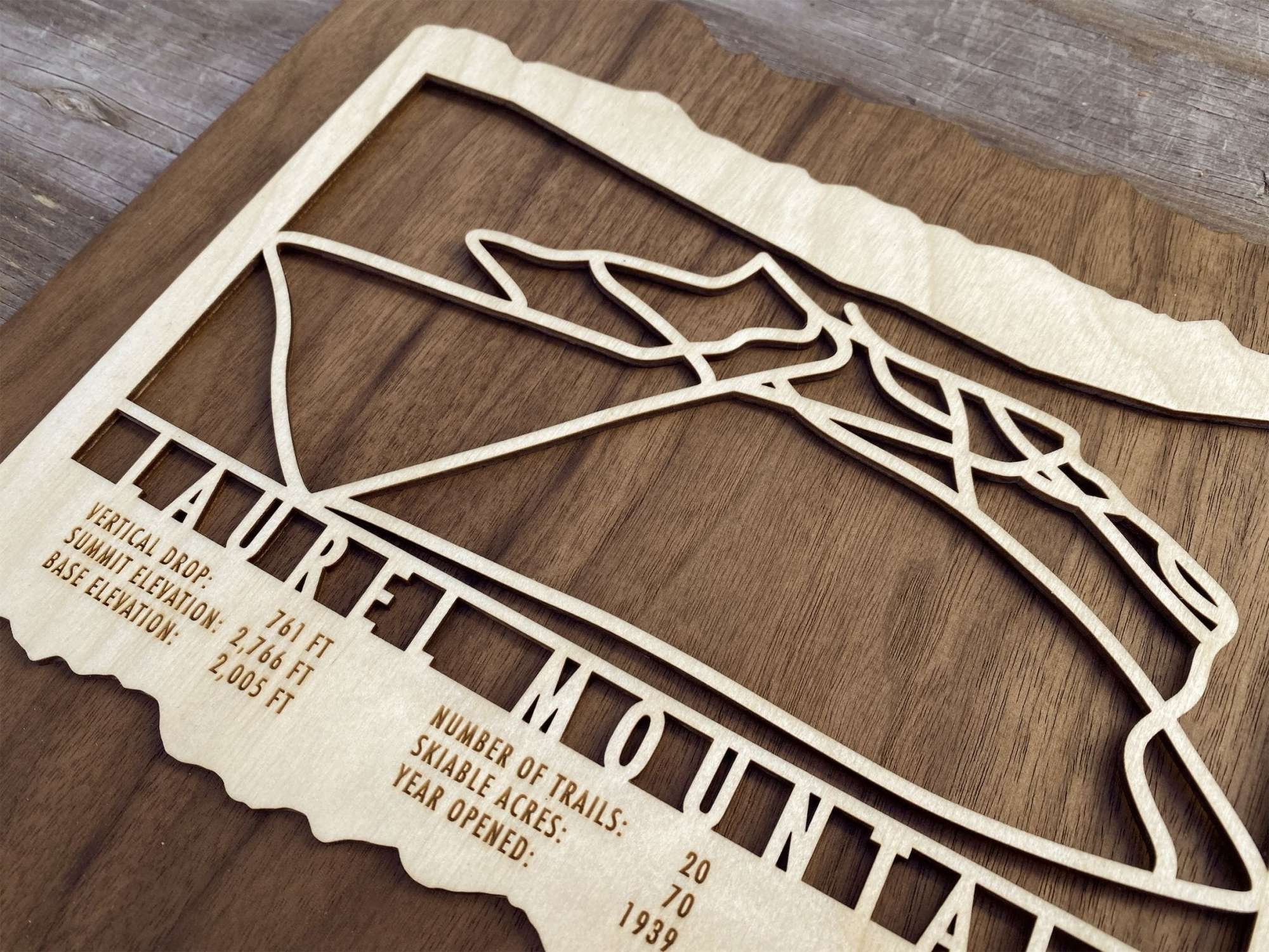 Detailed view of Laurel Mountain Ski Trail Map - Wood Wall Art with engraved summit and base elevations, a unique gift for Pennsylvania ski lovers.