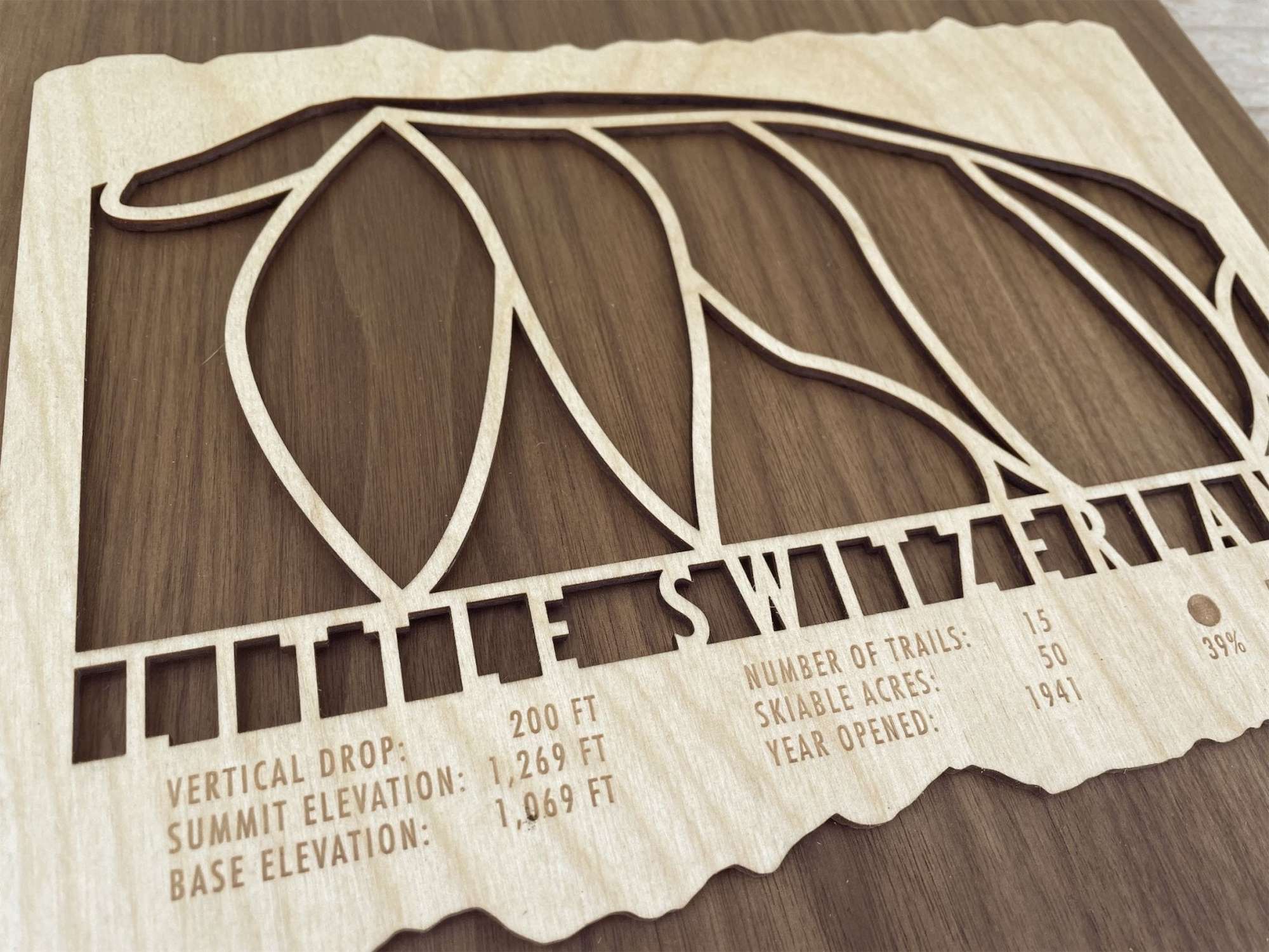 Close-up of Little Switzerland Ski Trail Map - Wall Decor - MountainCut showing detailed trail lines and engraved resort statistics on natural wood grain.