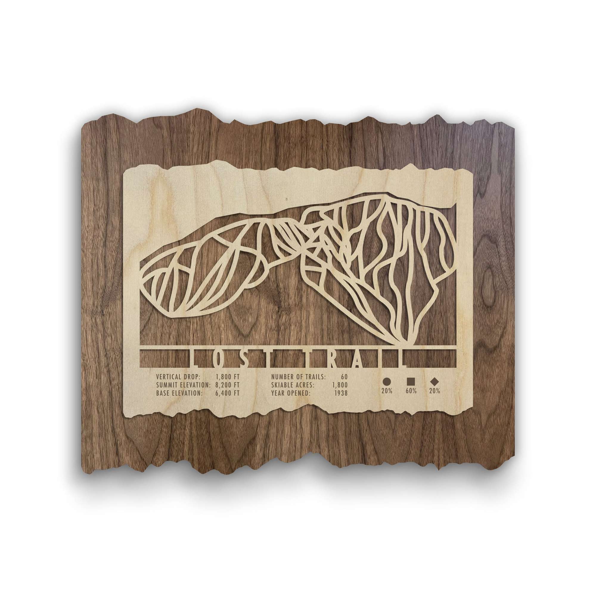 Lost Trail Montana Ski Map - Wood Wall Decor by Mountaincut featuring laser-cut ski trails and elevation stats on rustic wood for ski homes or offices.