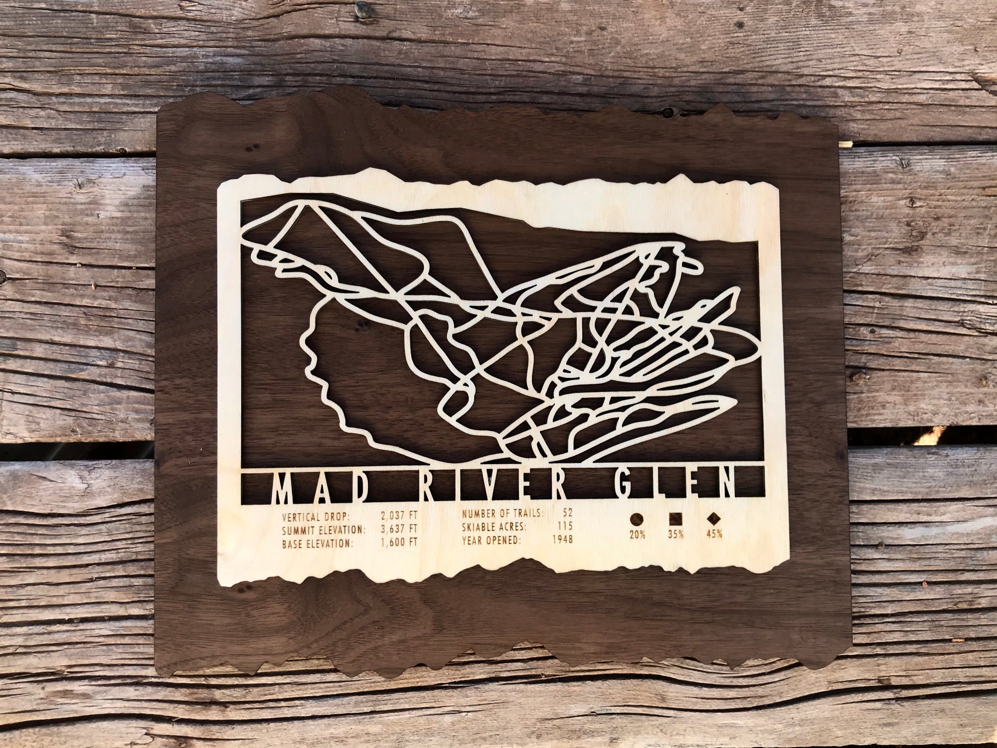 Top-down view of Mad River Glen Ski Trail Map - Wood Wall Decor by Mountaincut, showcasing intricate trail design and mountain data.