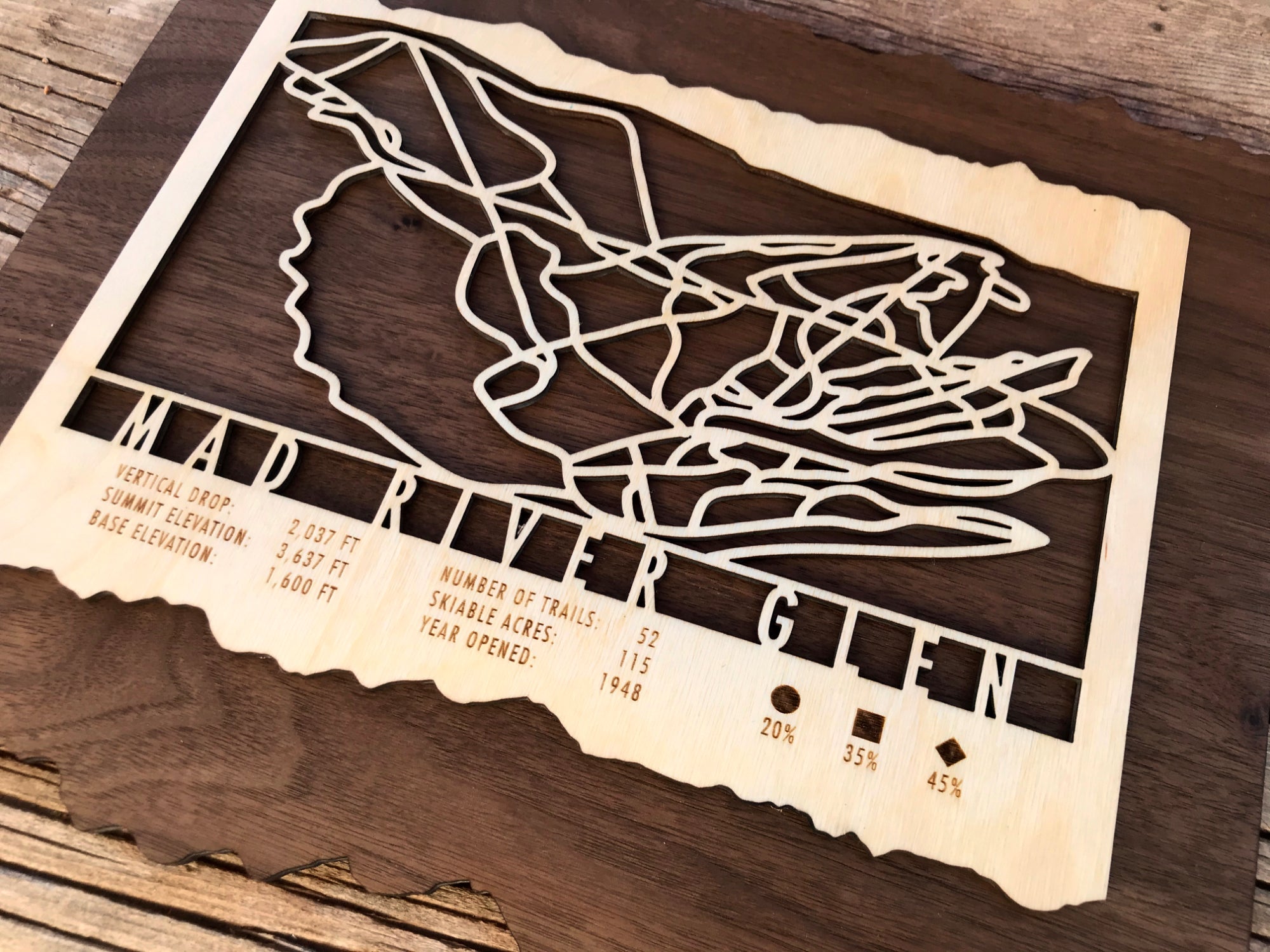 Close-up of Mad River Glen Ski Trail Map in wood, highlighting detailed trail lines and engraved mountain stats for Vermont ski enthusiasts.