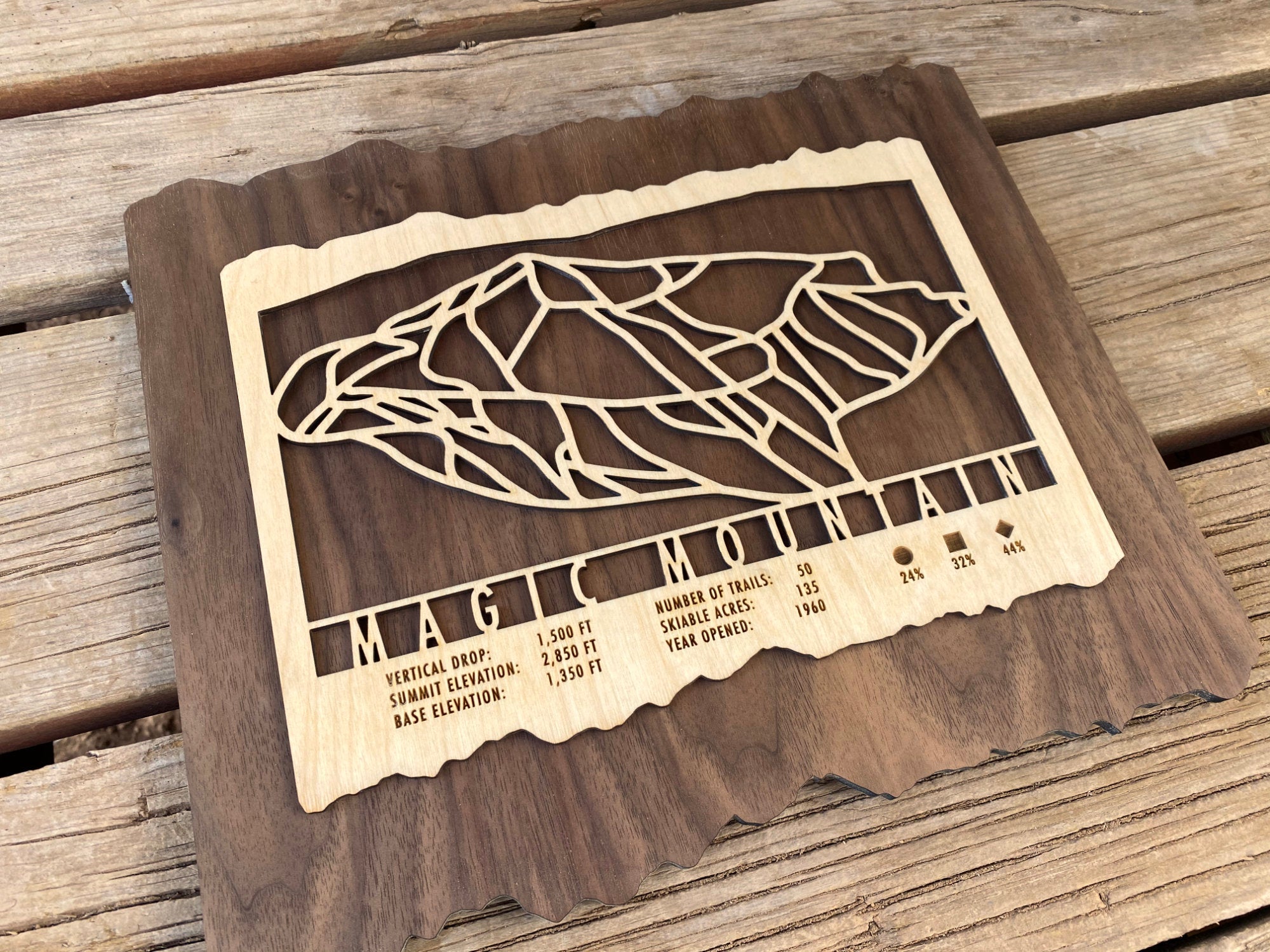 Angled view of Magic Mountain Ski Trail Map - Wood Wall Decor showing detailed trail cutouts and engraved resort data, ideal for ski lodge decor.