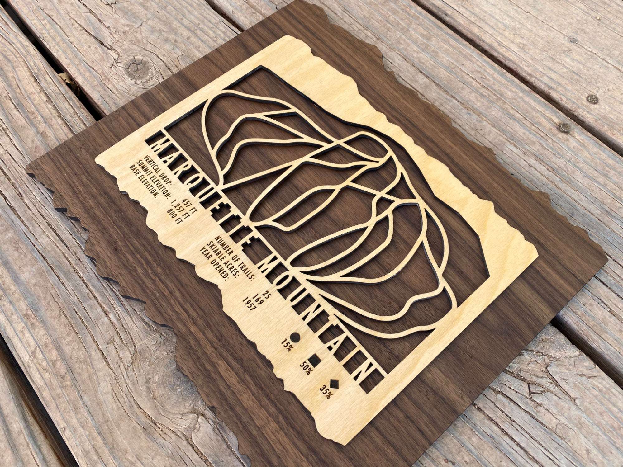 Marquette Mountain wood ski map with detailed trail layout and engraved stats, perfect wall art for Michigan ski enthusiasts and cabin decor.
