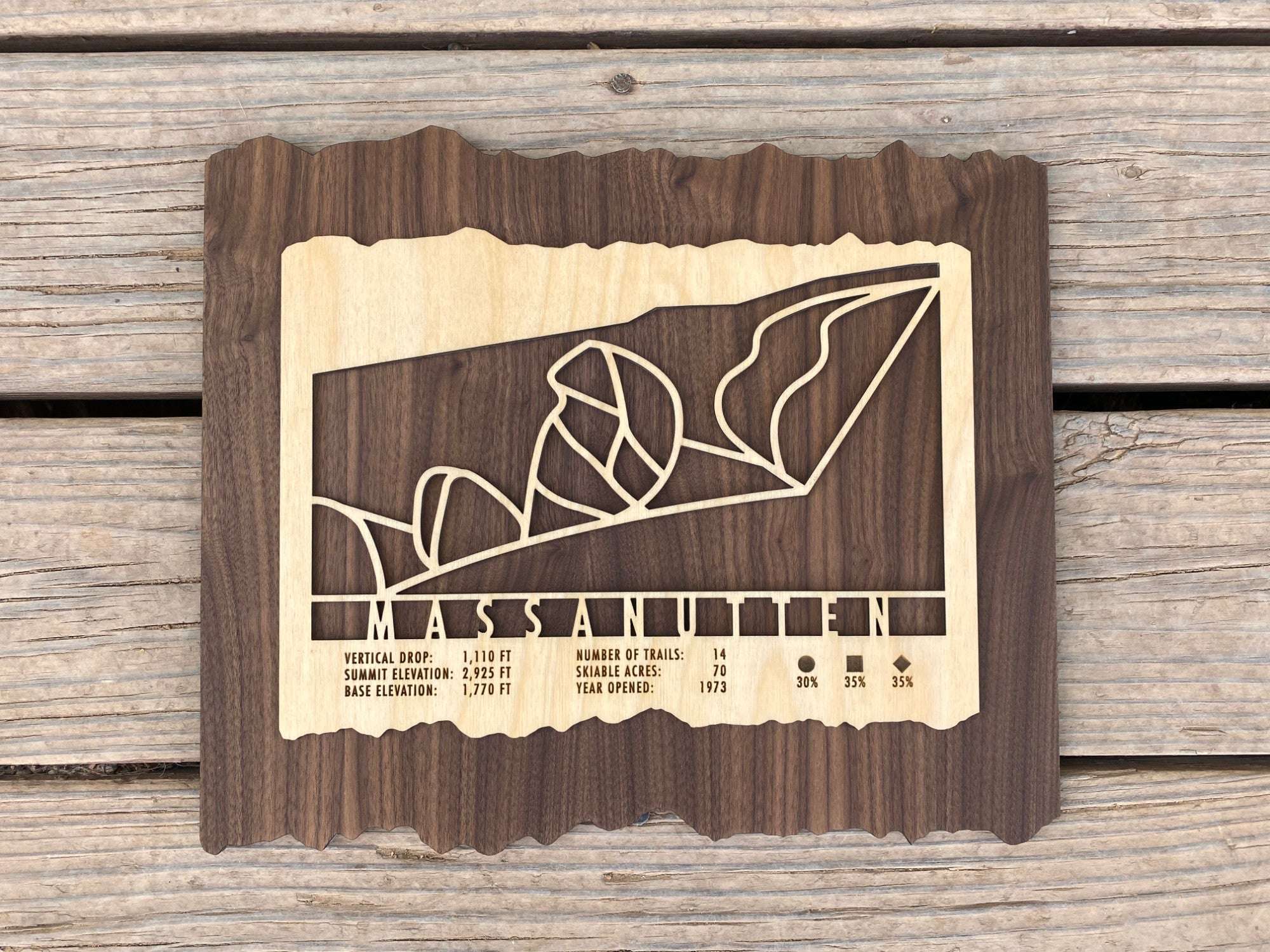Rustic wood Massanutten Ski Trail Map with engraved mountain trails and resort stats, decorative wall art for ski lodges and cabins.