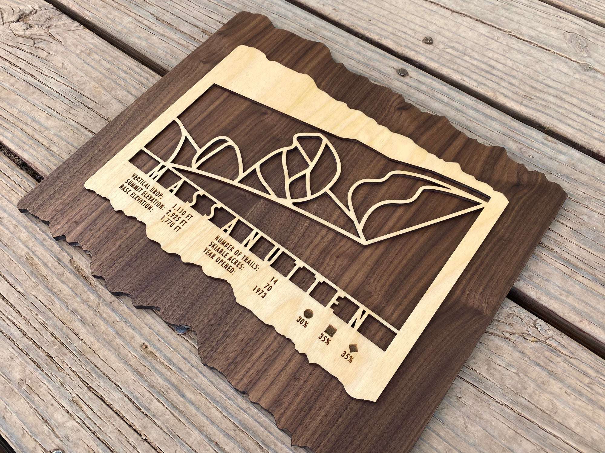 Massanutten Ski Trail Map in wood with detailed trail lines and resort info, handcrafted wall art for skiers and snowboarders' home decor.