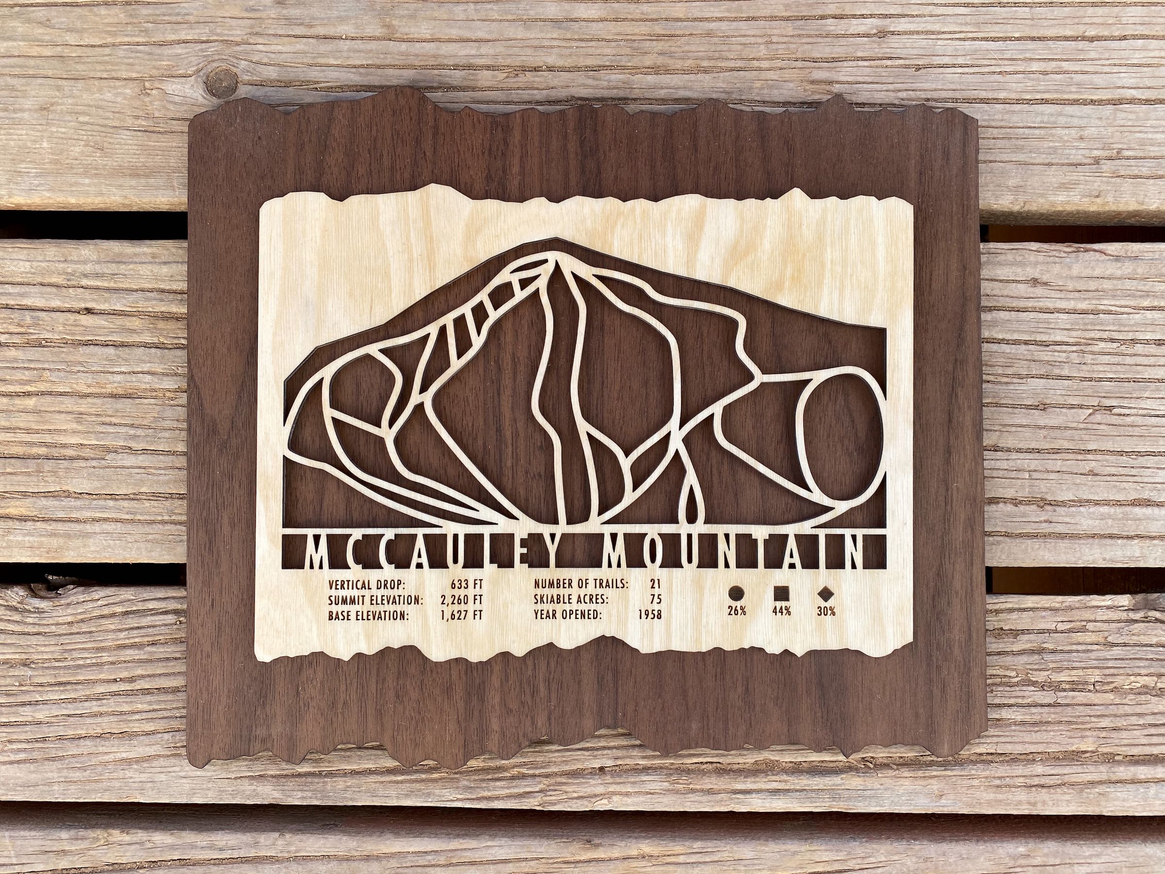 Rustic wood McCauley Mountain Ski Trail Map with laser-cut design and engraved trail info, ideal wall art for ski homes or offices.