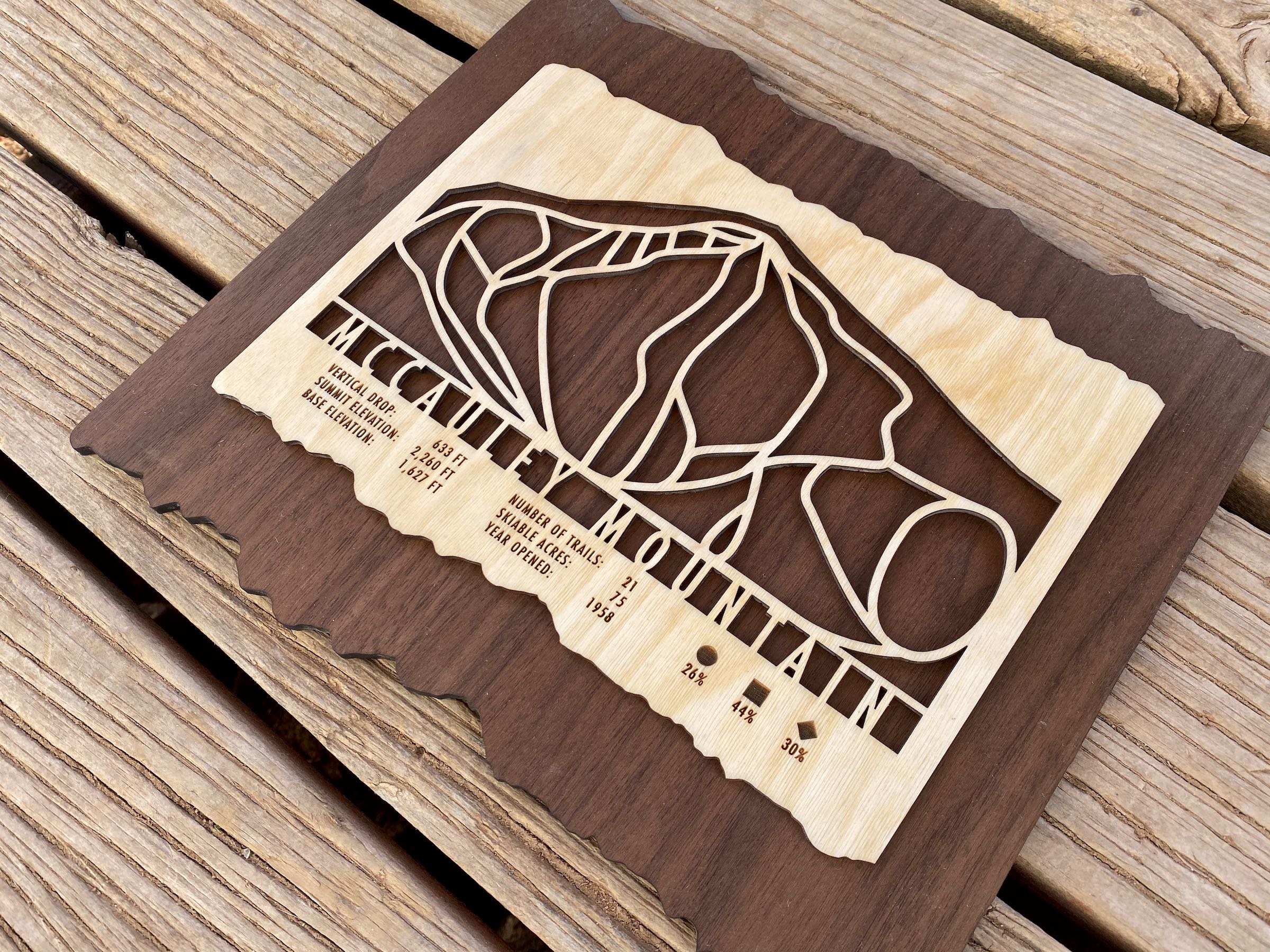 Detailed McCauley Mountain ski map in wood with cutout trails and engraved stats, perfect ski-themed wall art for New York ski lovers.