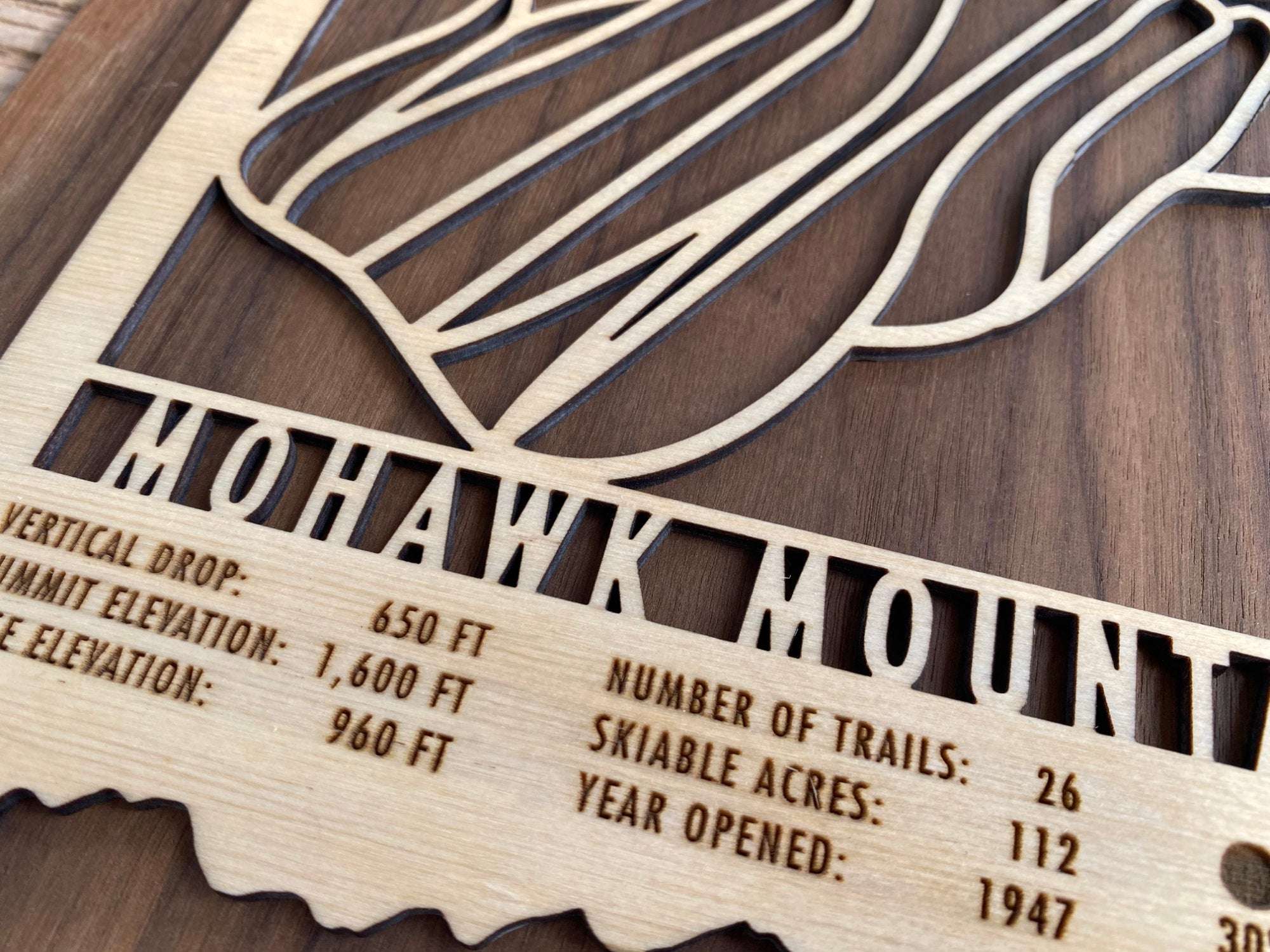Detailed view of Mohawk Mountain wood ski trail map with engraved elevation, trail count, and skiable acres, crafted for ski-themed home decor.