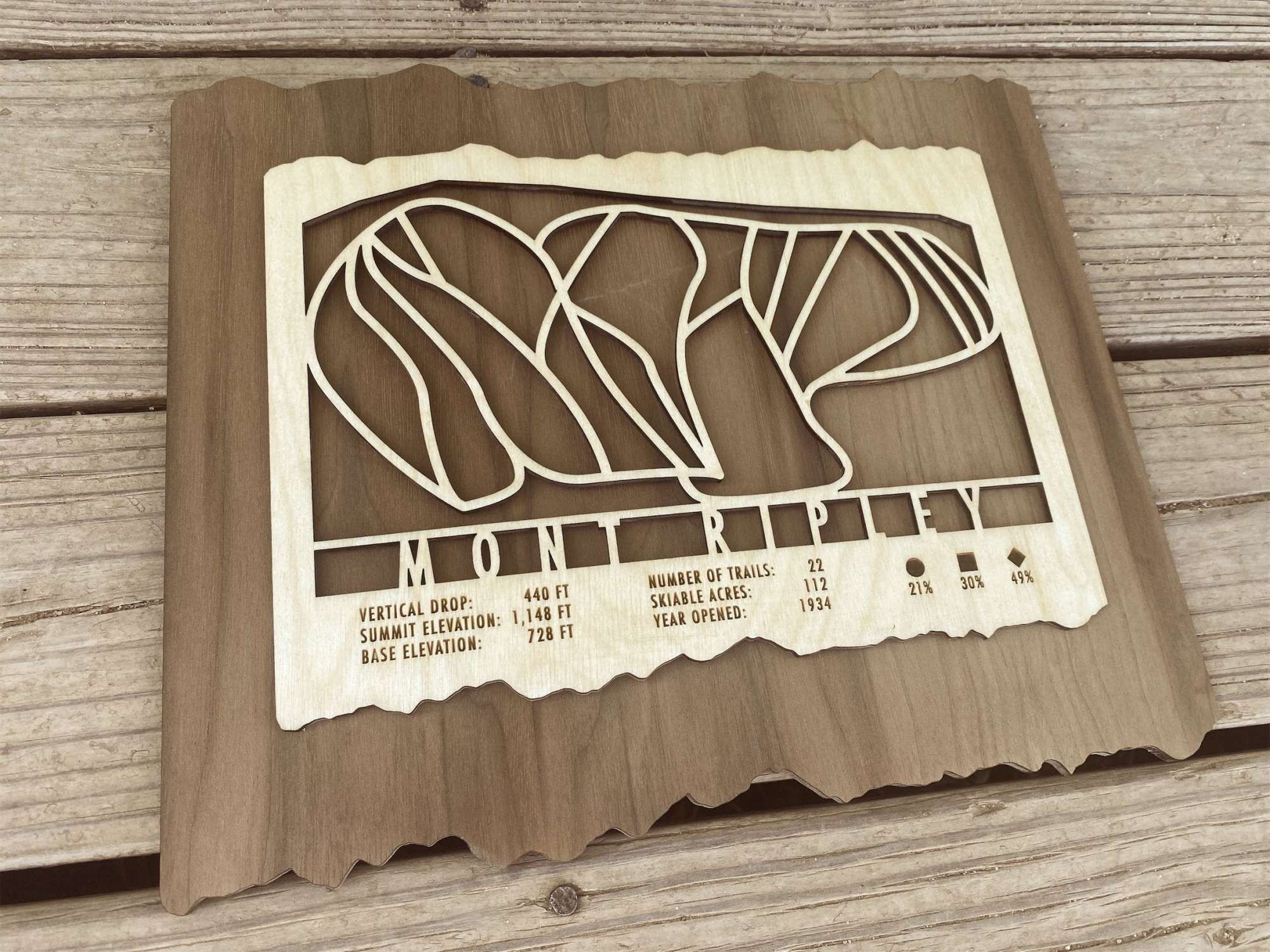 Angled view of Mont Ripley Michigan Ski Trail Map in wood, showcasing detailed ski trails and rustic finish, perfect for ski-themed decor.