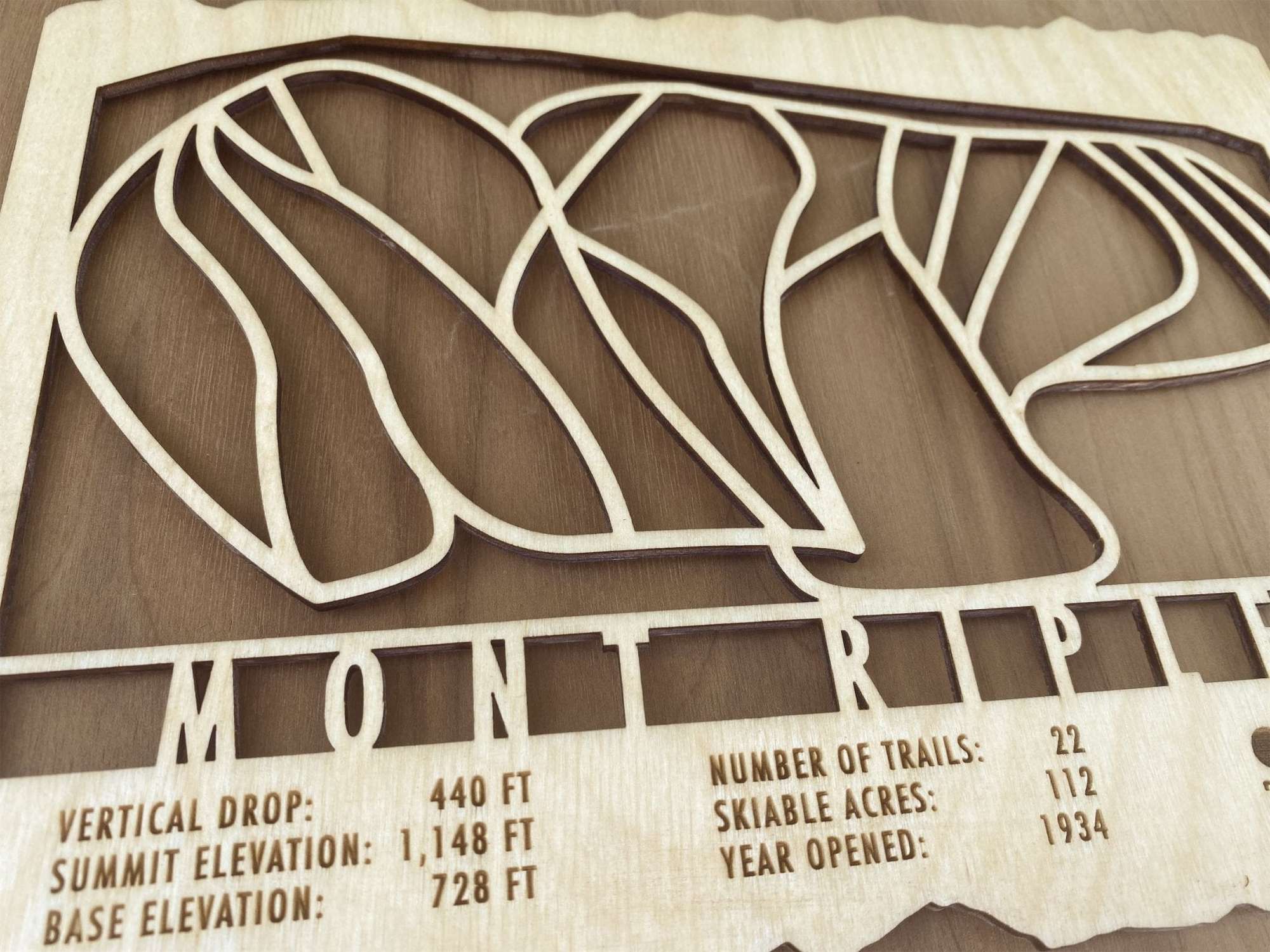 Detailed close-up of Mont Ripley Michigan Ski Trail Map showing engraved stats like vertical drop, elevation, and number of trails.