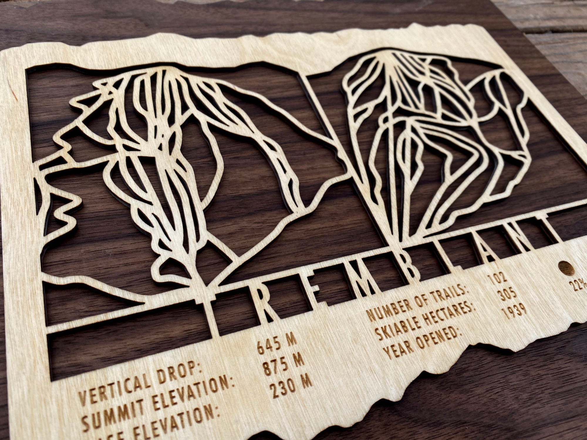 Close-up of Mont Tremblant wood ski decor showing engraved trail lines, vertical drop, and number of trails for ski enthusiasts.