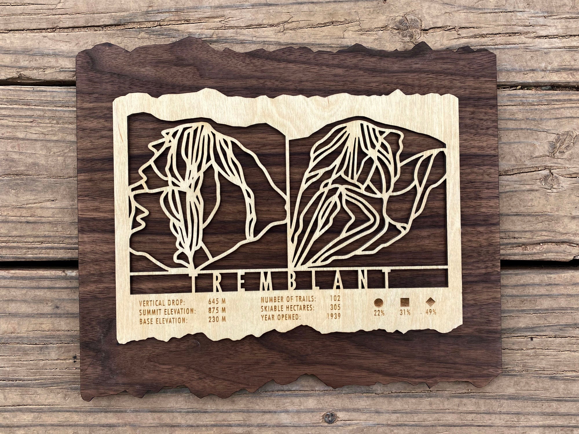 Wooden Mont Tremblant ski trail map by Mountaincut with detailed trail lines and resort data, perfect for ski lodge or home decor.