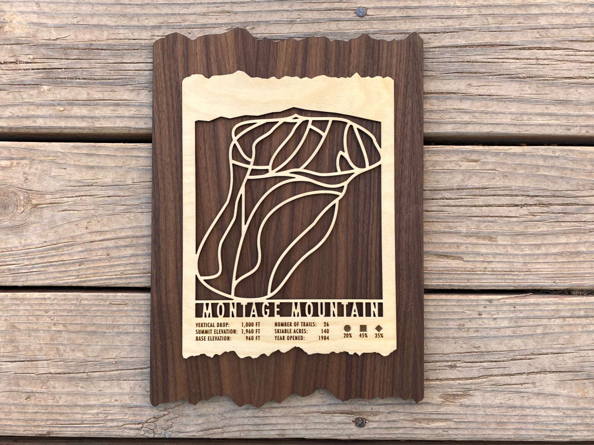 Rustic Montage Mountain Ski Trail Map - Wood Wall Decor displayed on wooden planks, ideal for ski lodge or mountain home decoration.