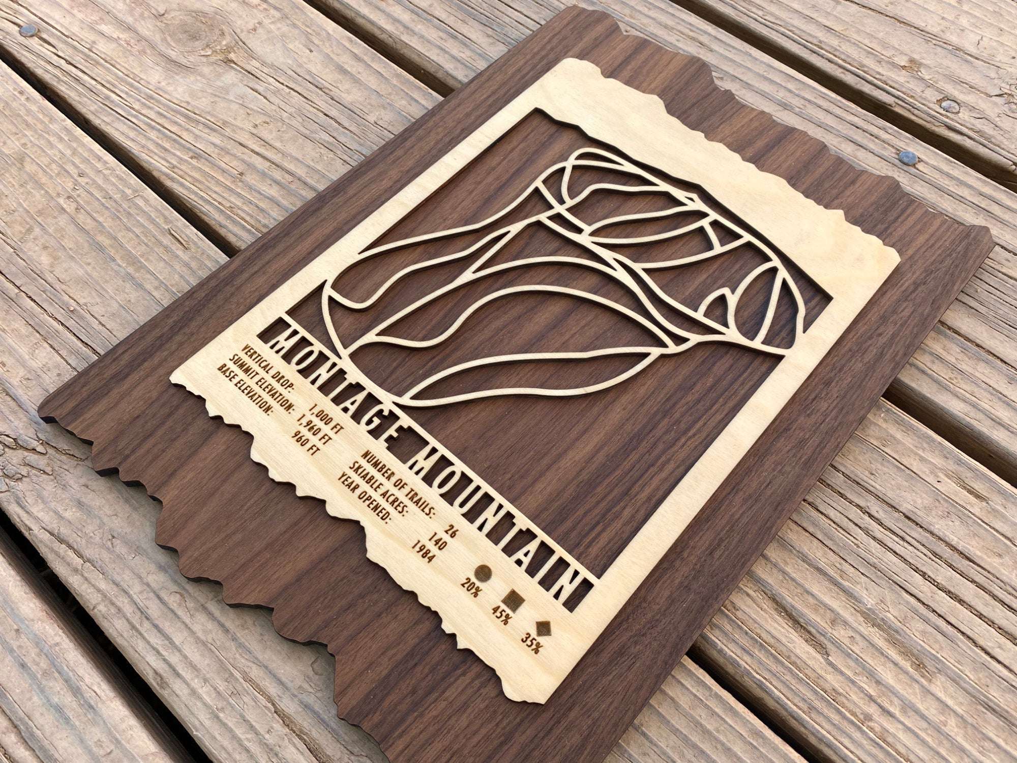 Angled view of Montage Mountain Ski Trail Map - Wood Wall Decor highlighting layered wood craftsmanship and engraved ski trail layout.