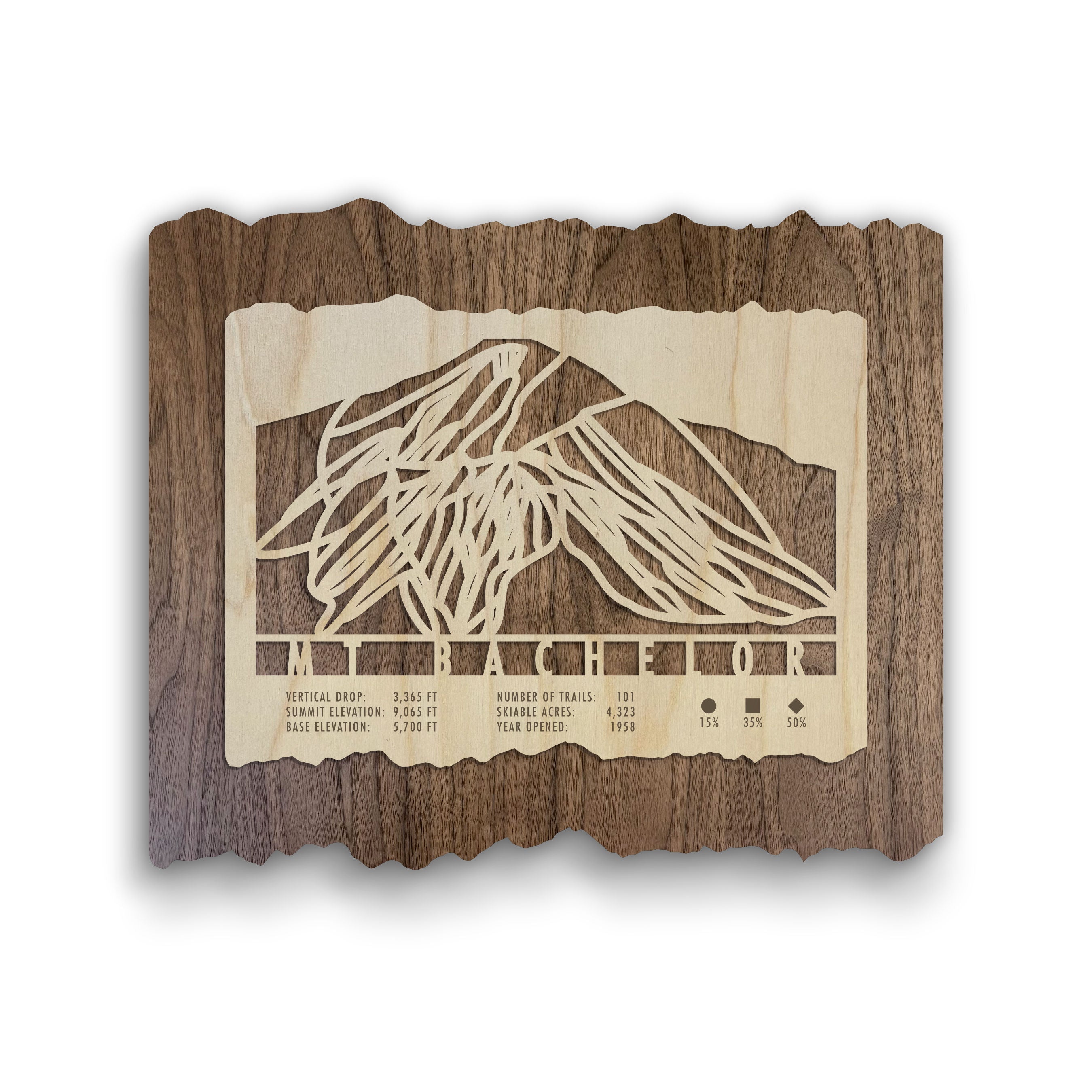 Mt Bachelor Ski Trail Map - Wood Wall Decor by Mountaincut featuring laser-cut ski runs and trail stats on rustic wood background.