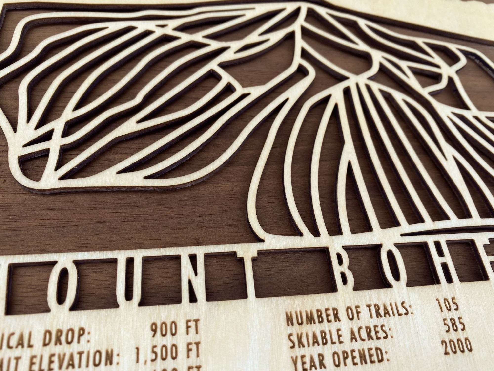 Close-up of Mount Bohemia Wood Ski Map highlighting precision-cut trail lines and engraved resort stats, perfect for ski decor enthusiasts.