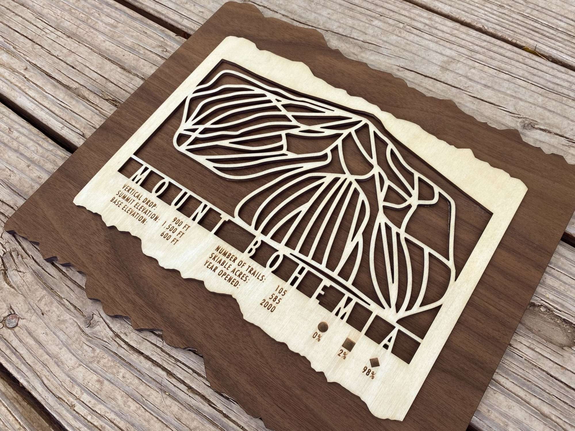 Angled view of Mount Bohemia Ski Trail Map - Wood Wall Art showing intricate trail design and engraved resort information on layered wood.