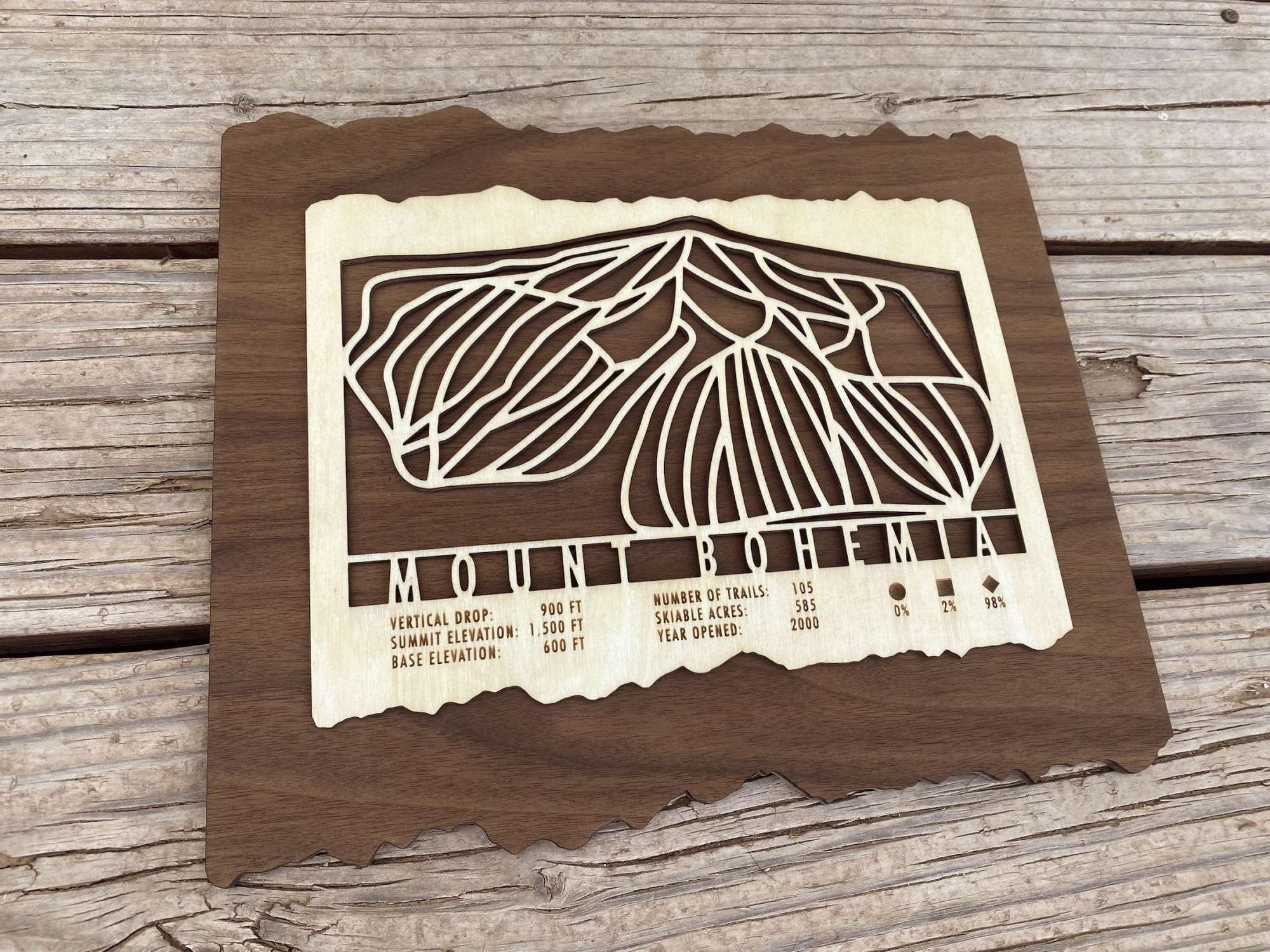Laser-cut Mount Bohemia Ski Trail Map on wood with detailed trail lines and resort data, ideal ski-themed wall art for cabins or ski lovers.