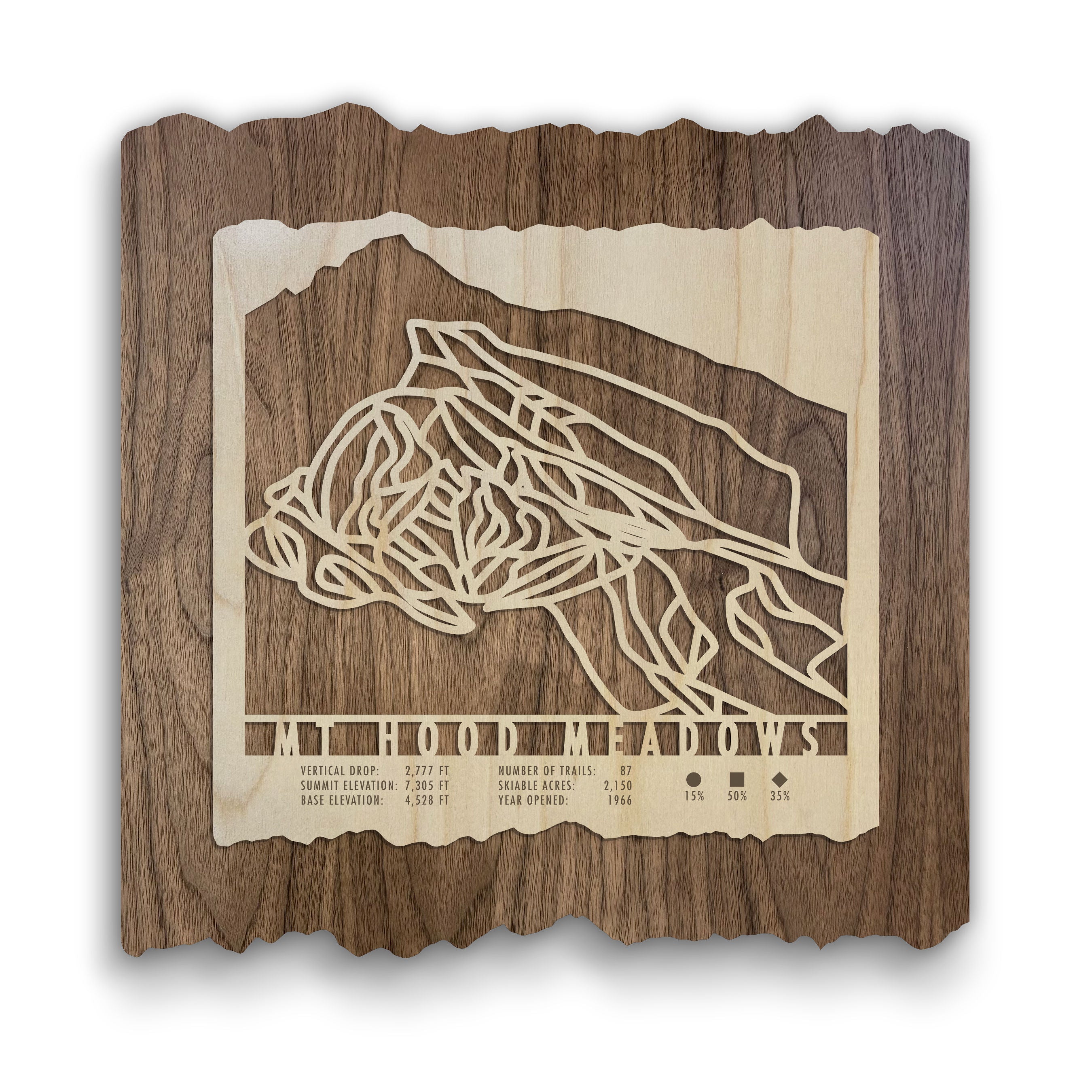 Mt Hood Meadows Ski Trail Map wood wall decor by Mountaincut featuring laser-cut ski runs and trail stats, perfect for ski lodge or office display.
