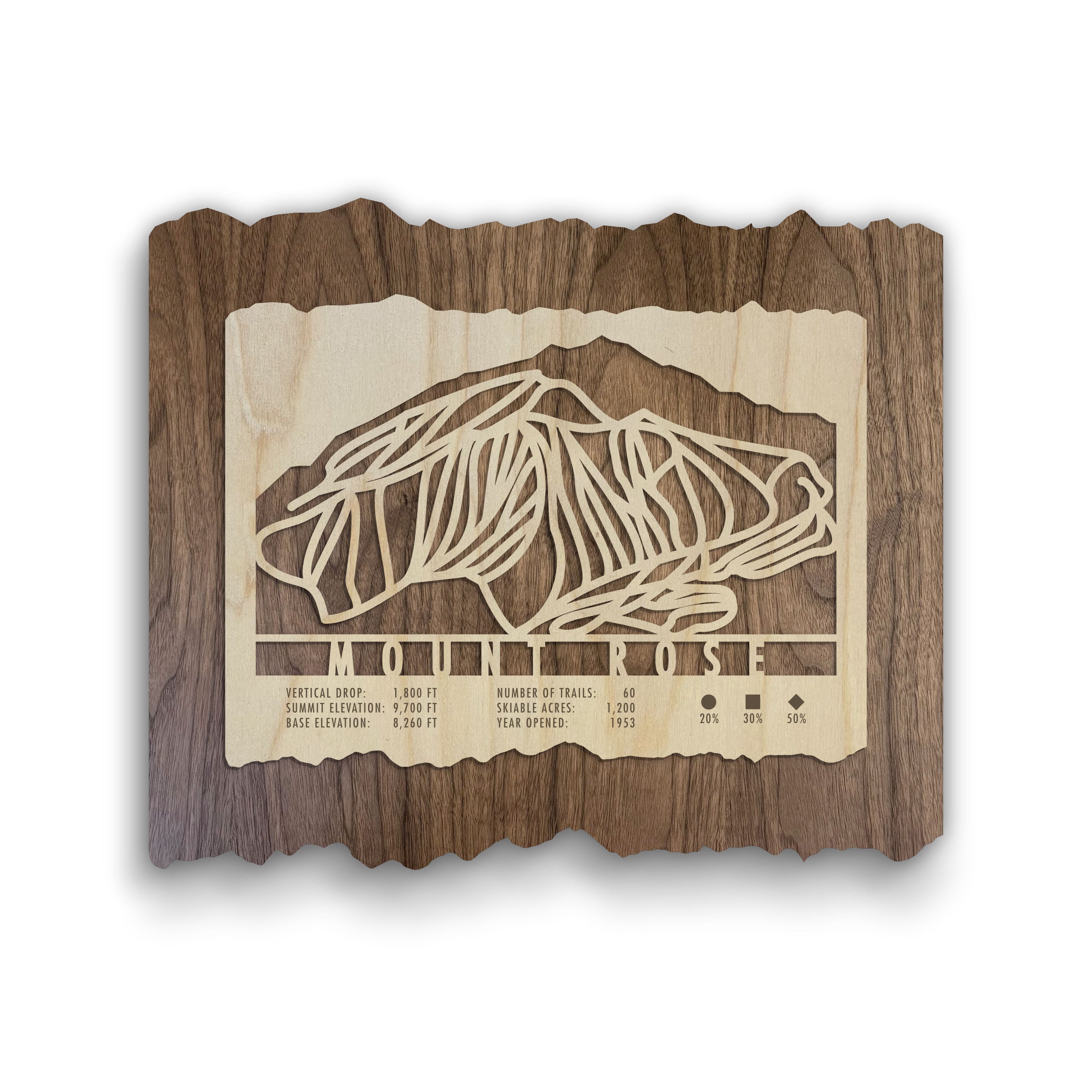 Mt Rose Ski Trail Map - Wood Wall Decor by Mountaincut featuring laser-cut ski runs and trail data on rustic wood for home or lodge display.