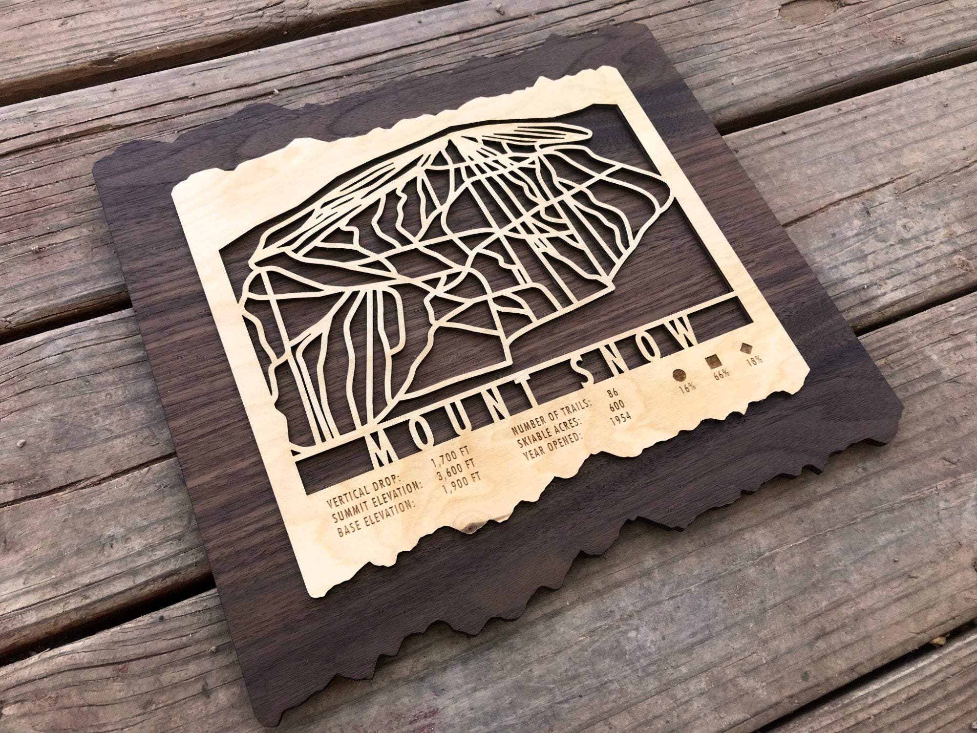 Angled view of Mount Snow Ski Trail Map - Wood Wall Decor showcasing detailed trail lines and engraved resort information on dark wood backing.