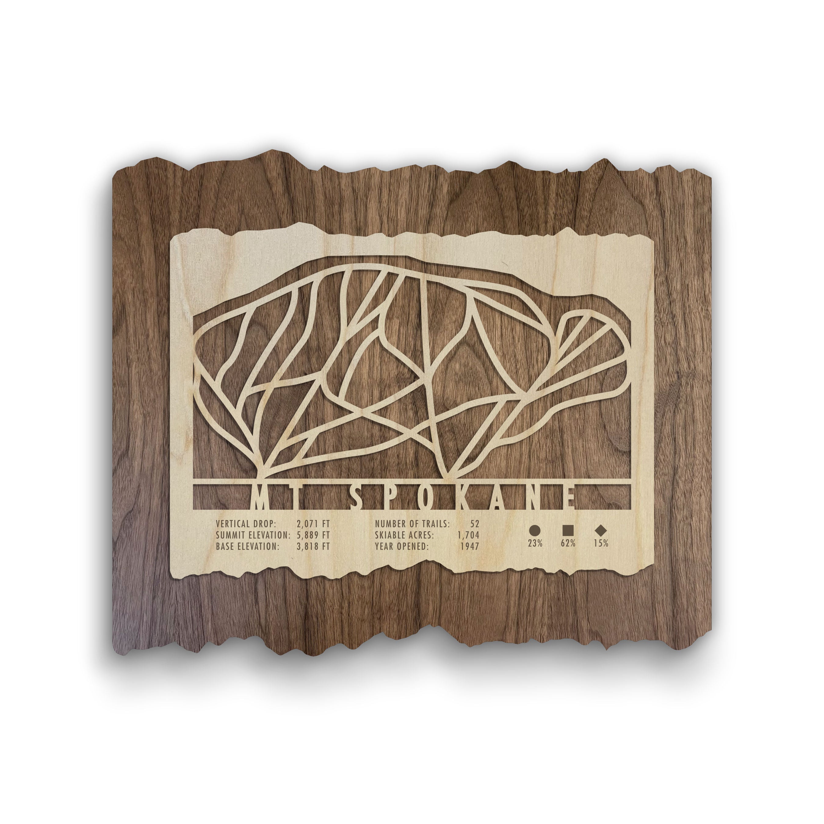 Mt Spokane Ski Trail Map - Wood Wall Decor by Mountaincut featuring engraved ski runs and resort stats on rustic wood for home or lodge display.