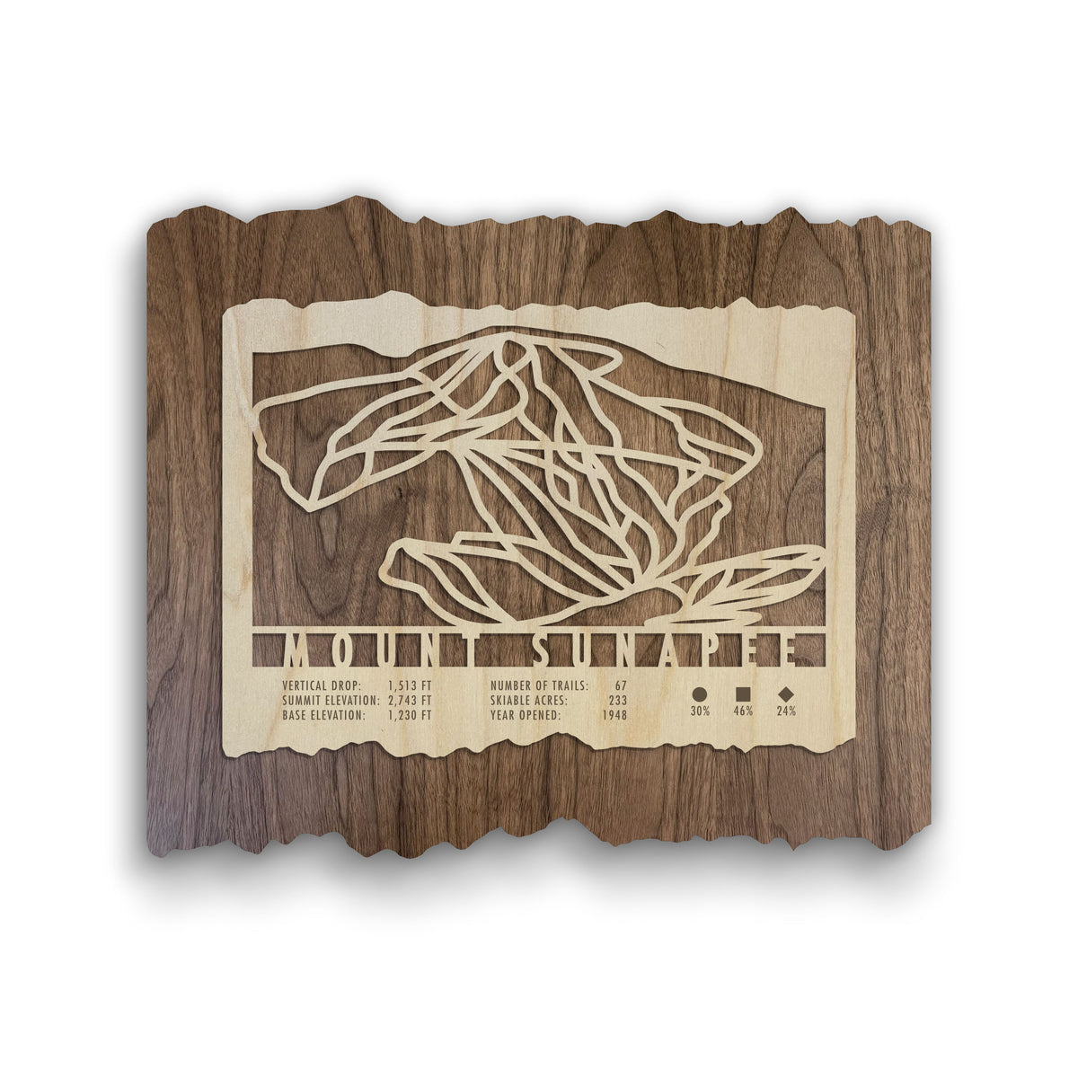 Mount Sunapee Ski Trail Map - Wood Wall Decor by Mountaincut featuring engraved ski trails and resort stats on rustic wood for home or ski lodge.