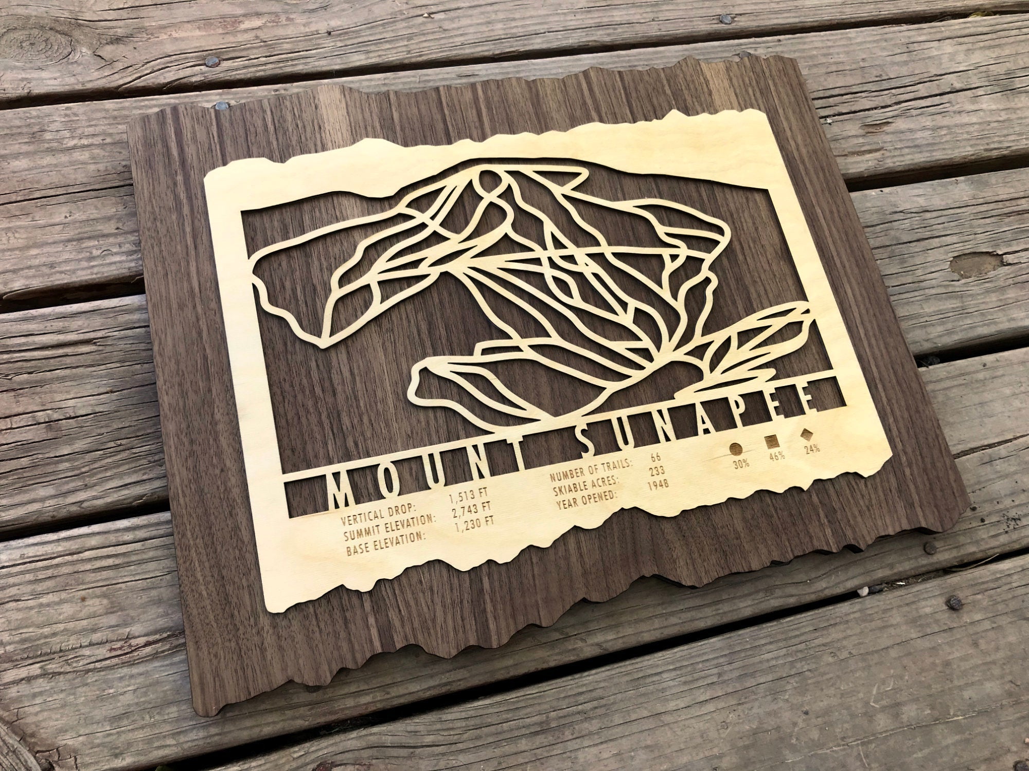 Wooden Mount Sunapee Ski Trail Map decor with laser-cut trail lines and engraved resort details, ideal for rustic home or cabin wall art.