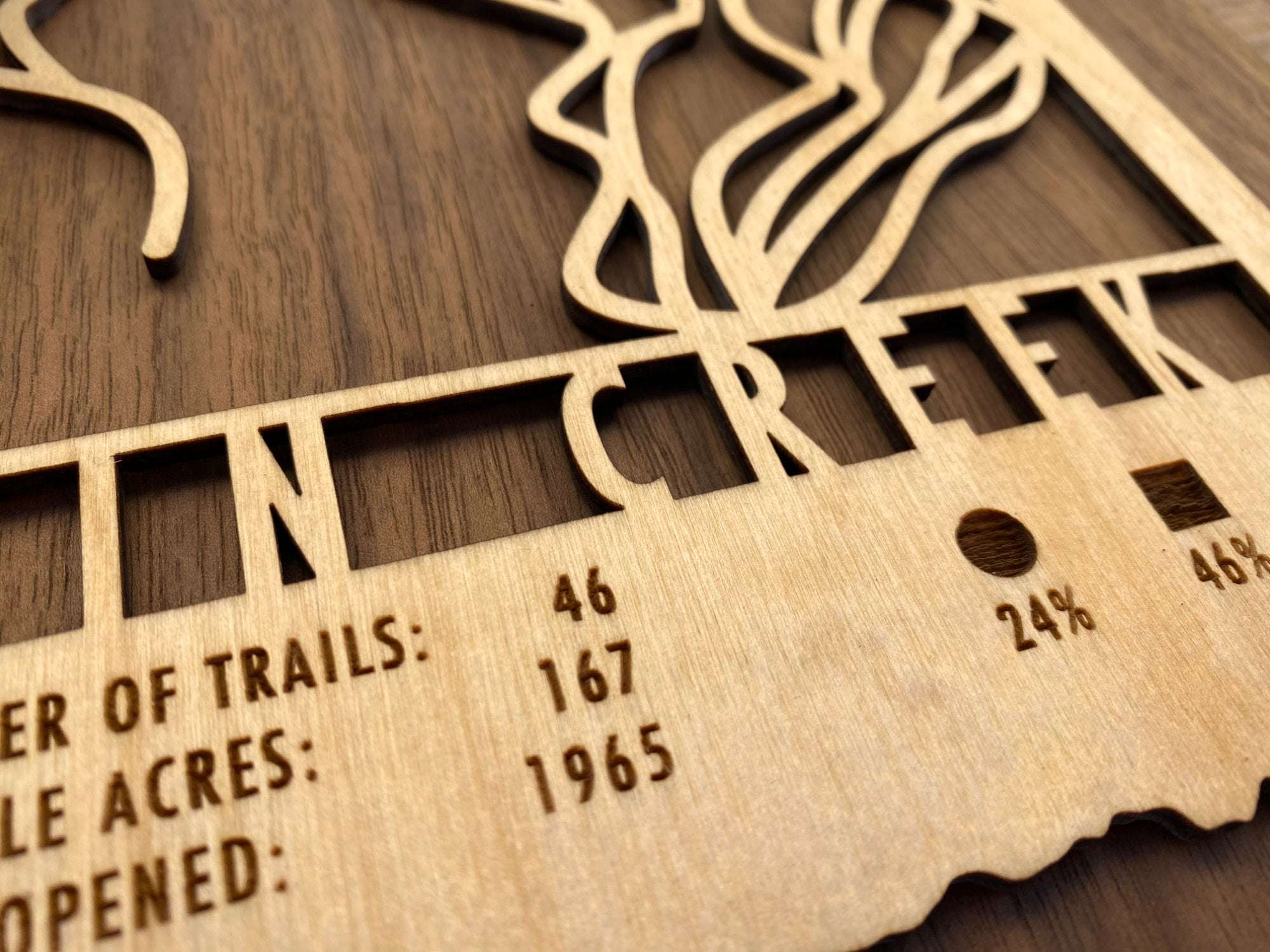 Detailed close-up of Mountain Creek wood ski map showing engraved trail stats and smooth laser-cut lettering on natural wood grain.