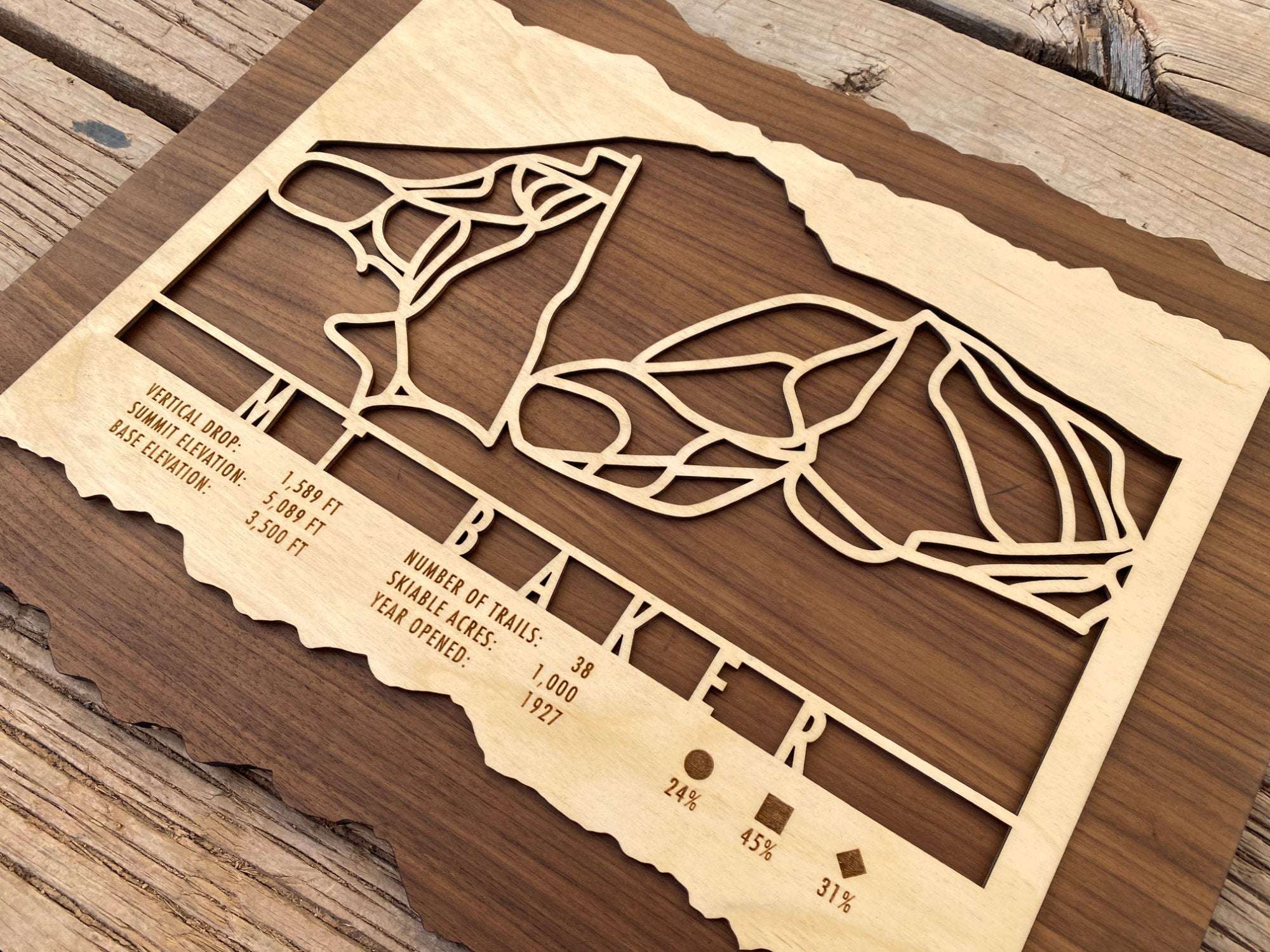 Close-up of Mt Baker Ski Trail Map highlighting detailed trails and mountain stats of the Washington ski area.