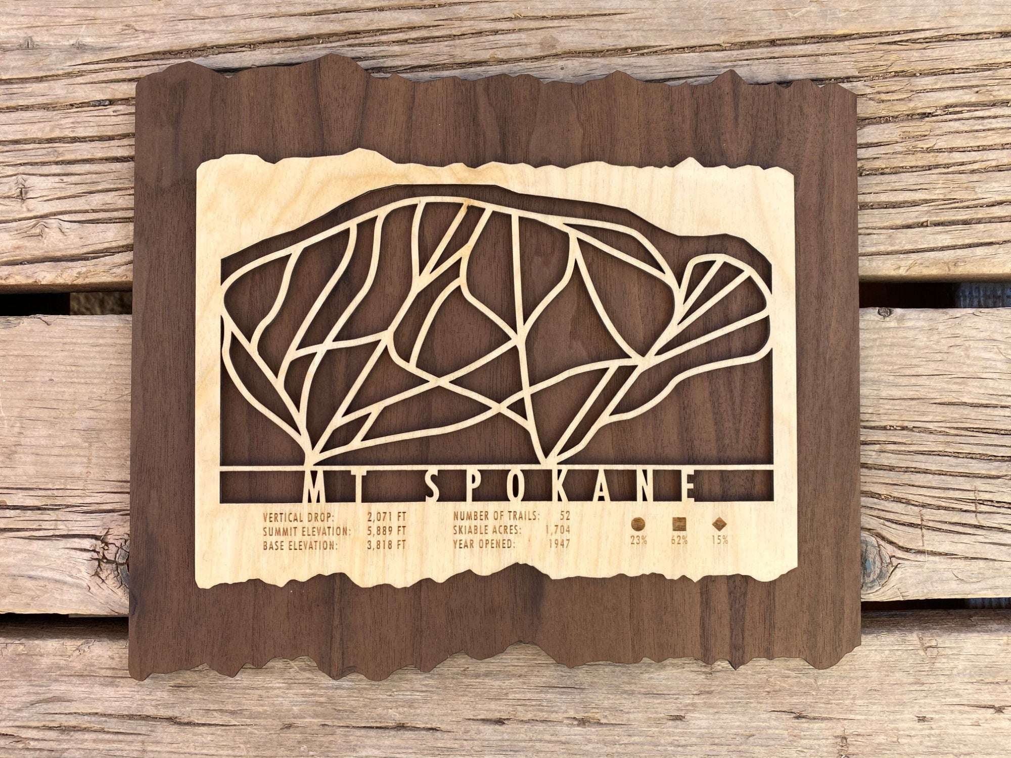 Top-down view of Mt Spokane Ski Trail Map - Wood Wall Decor placed on wood planks, showcasing intricate trail layout and engraved ski resort data.