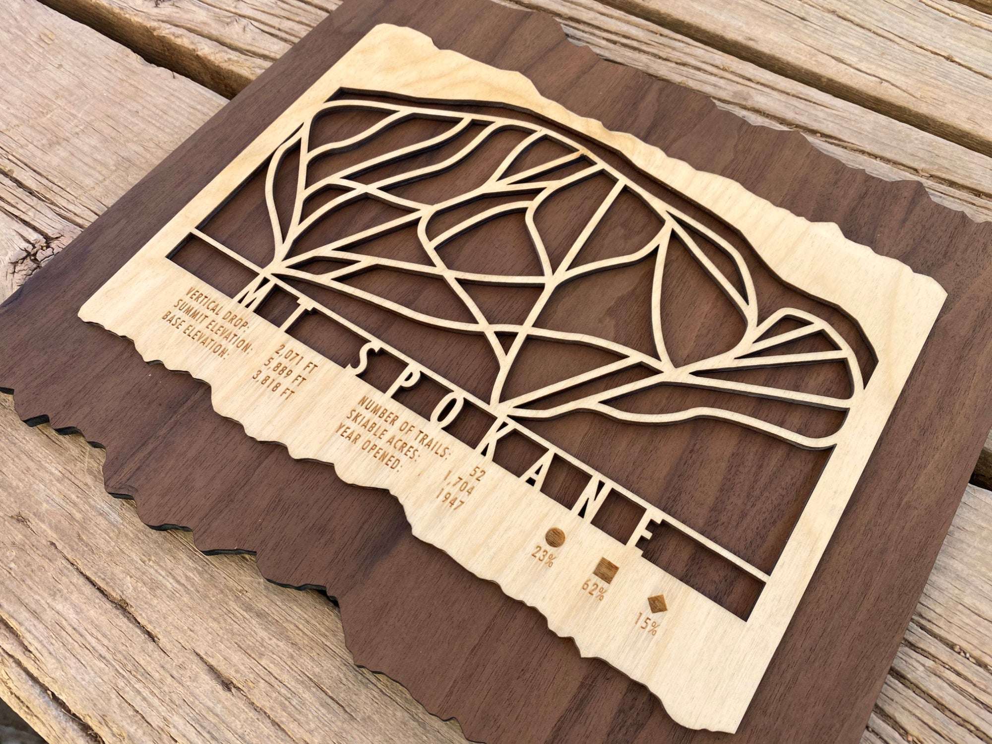 Close-up angled view of Mt Spokane Ski Trail Map - Wood Wall Decor with detailed cutout trails and engraved resort information for rustic ski decor.
