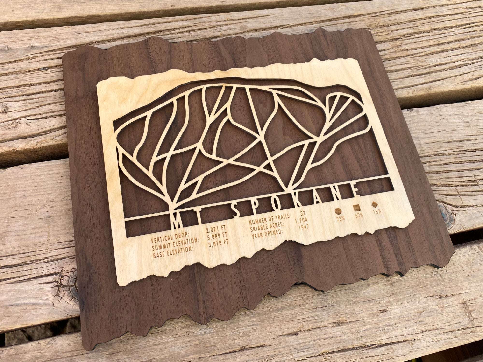 Mt Spokane Ski Trail Map - Ski Decor shown on wooden surface, highlighting laser-cut trail design and natural wood grain for ski-themed decor.
