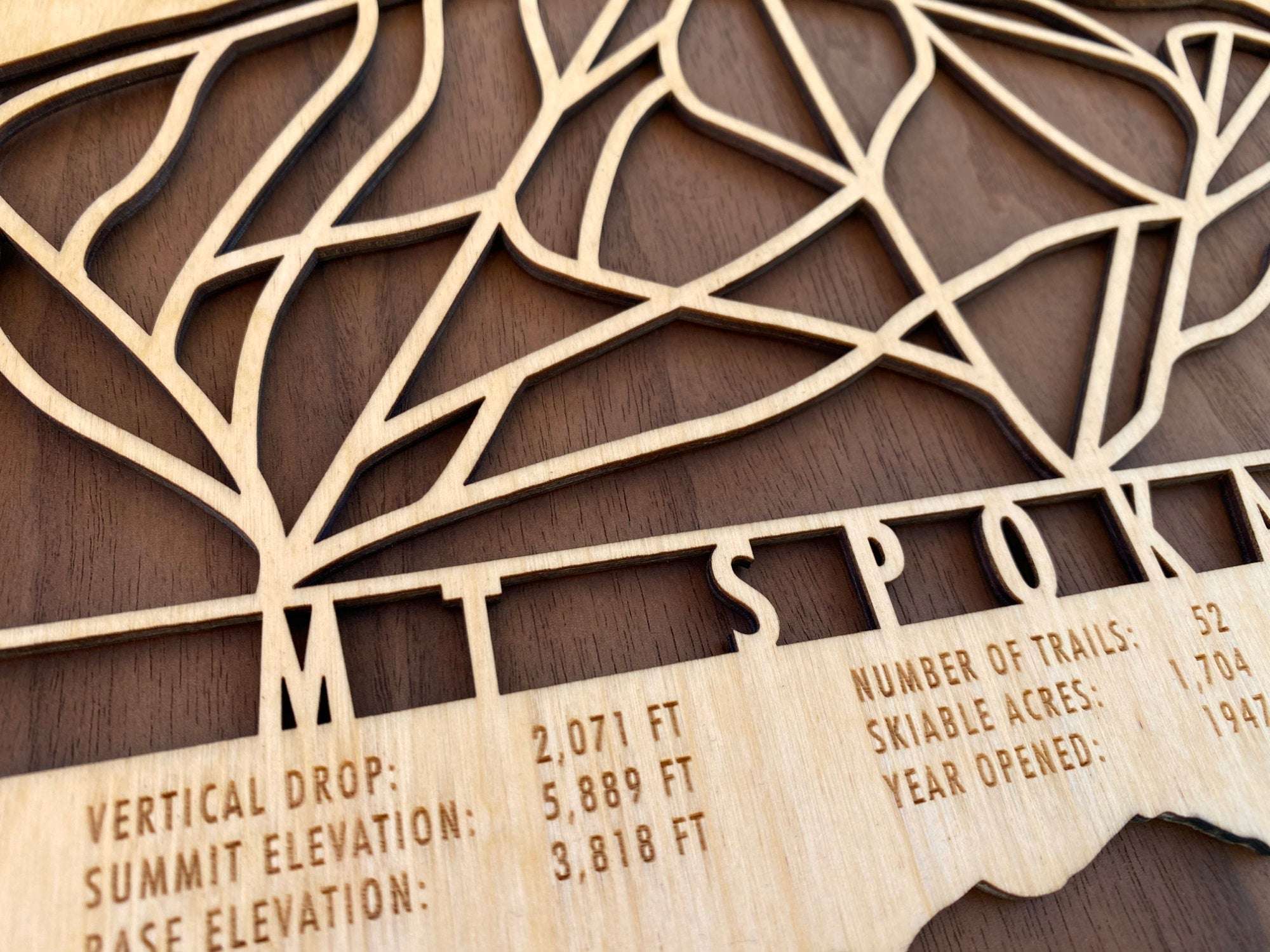 Detailed close-up of Mt Spokane Ski Trail Map showing engraved mountain stats of the Washington ski area.