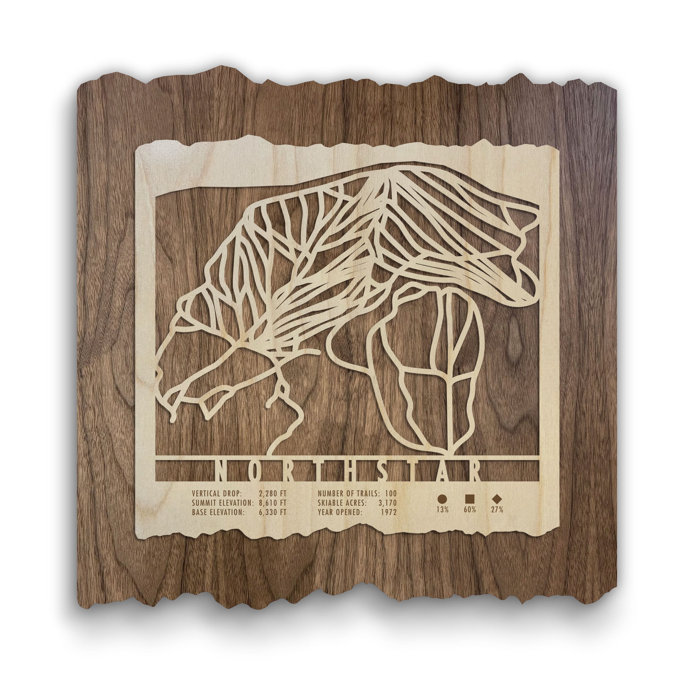 Northstar Ski Trail Map - Wood Wall Decor by Mountaincut featuring laser-cut trail lines and resort stats on rustic wood background.