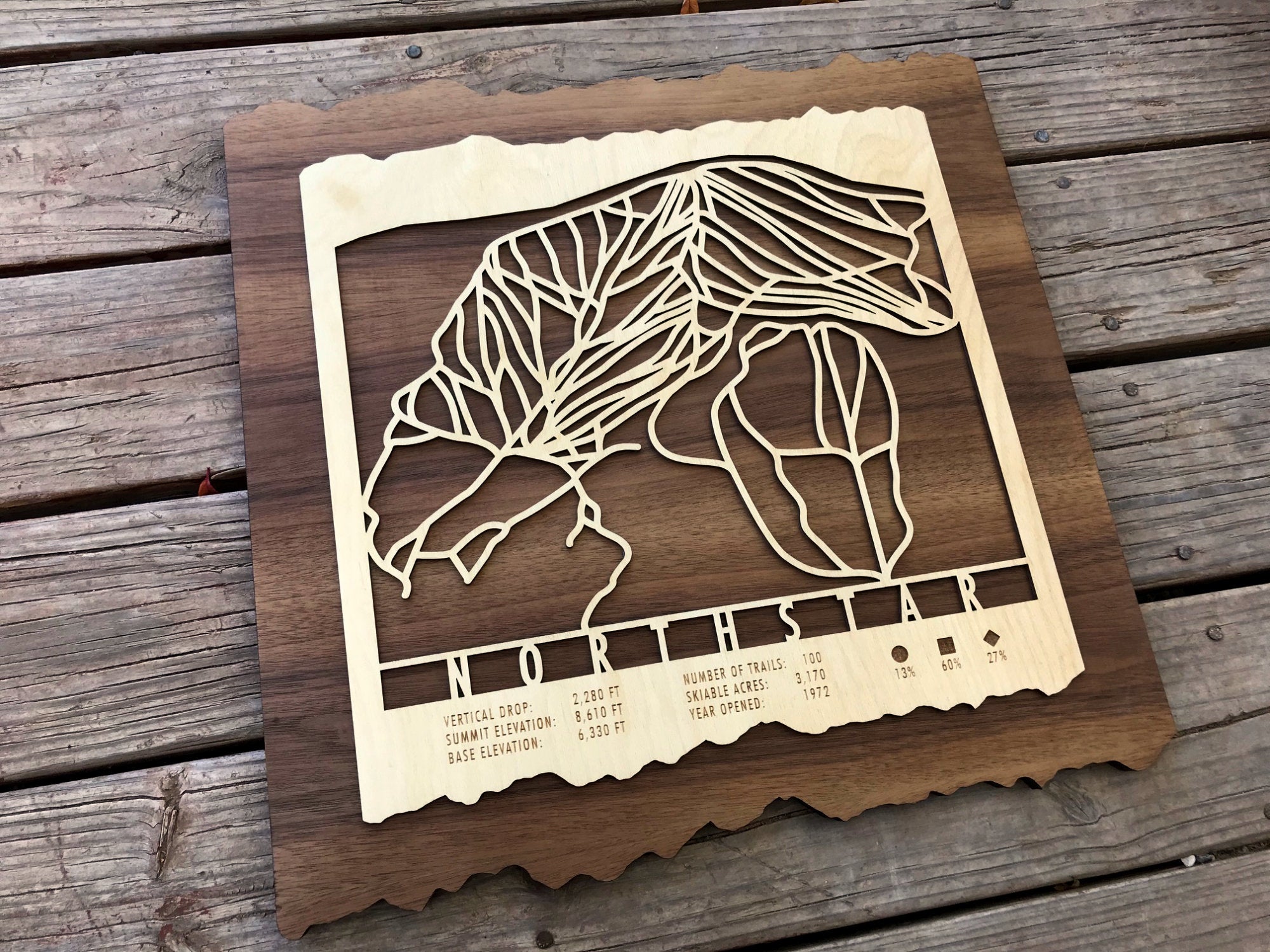 Northstar Ski Trail Map - Wood Wall Decor displayed on wooden deck, showcasing intricate trail design and engraved resort details.