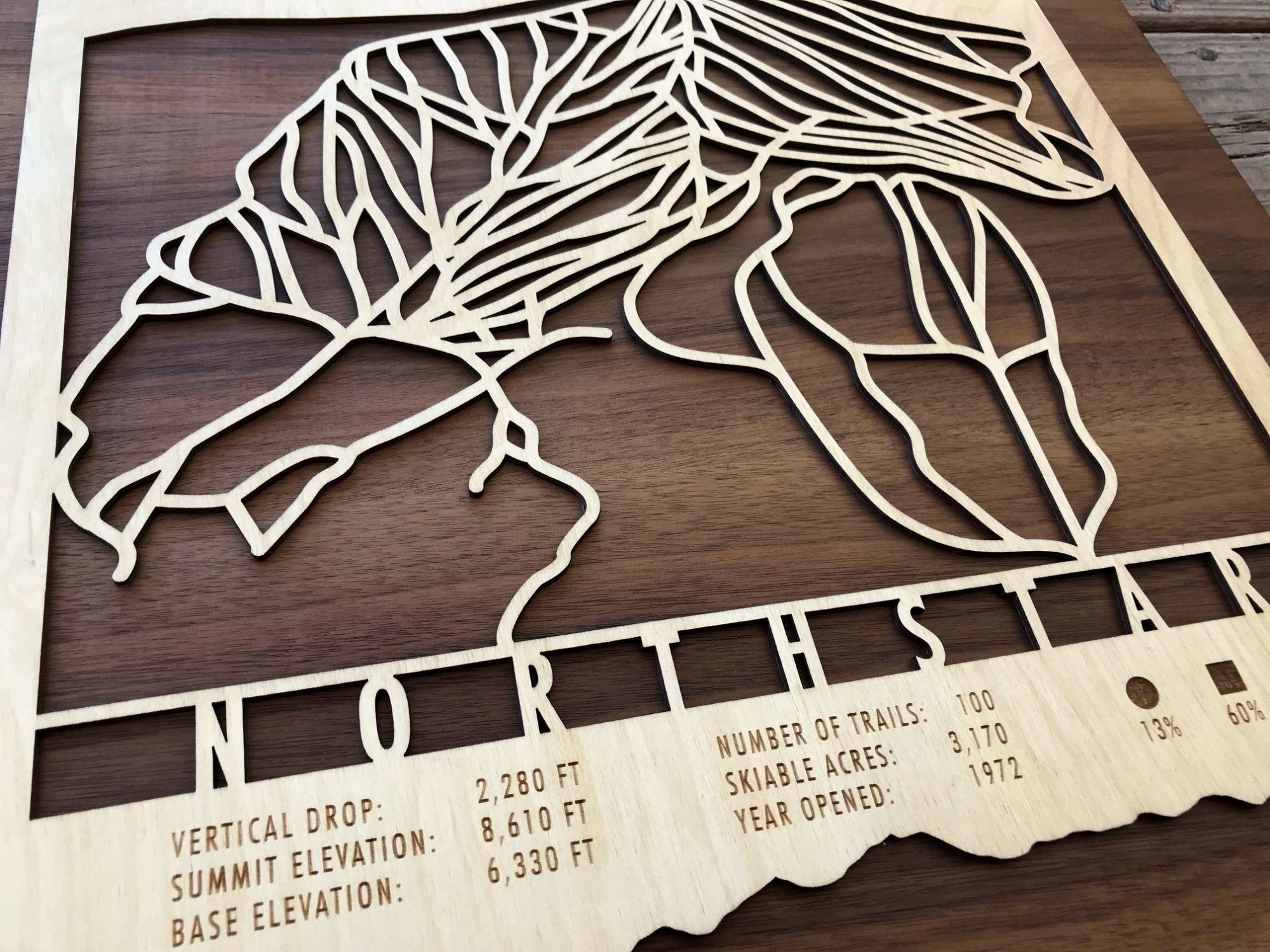 Close-up of Northstar Ski Trail Map - Wood Wall Decor highlighting precision laser-cut trails and engraved resort statistics.