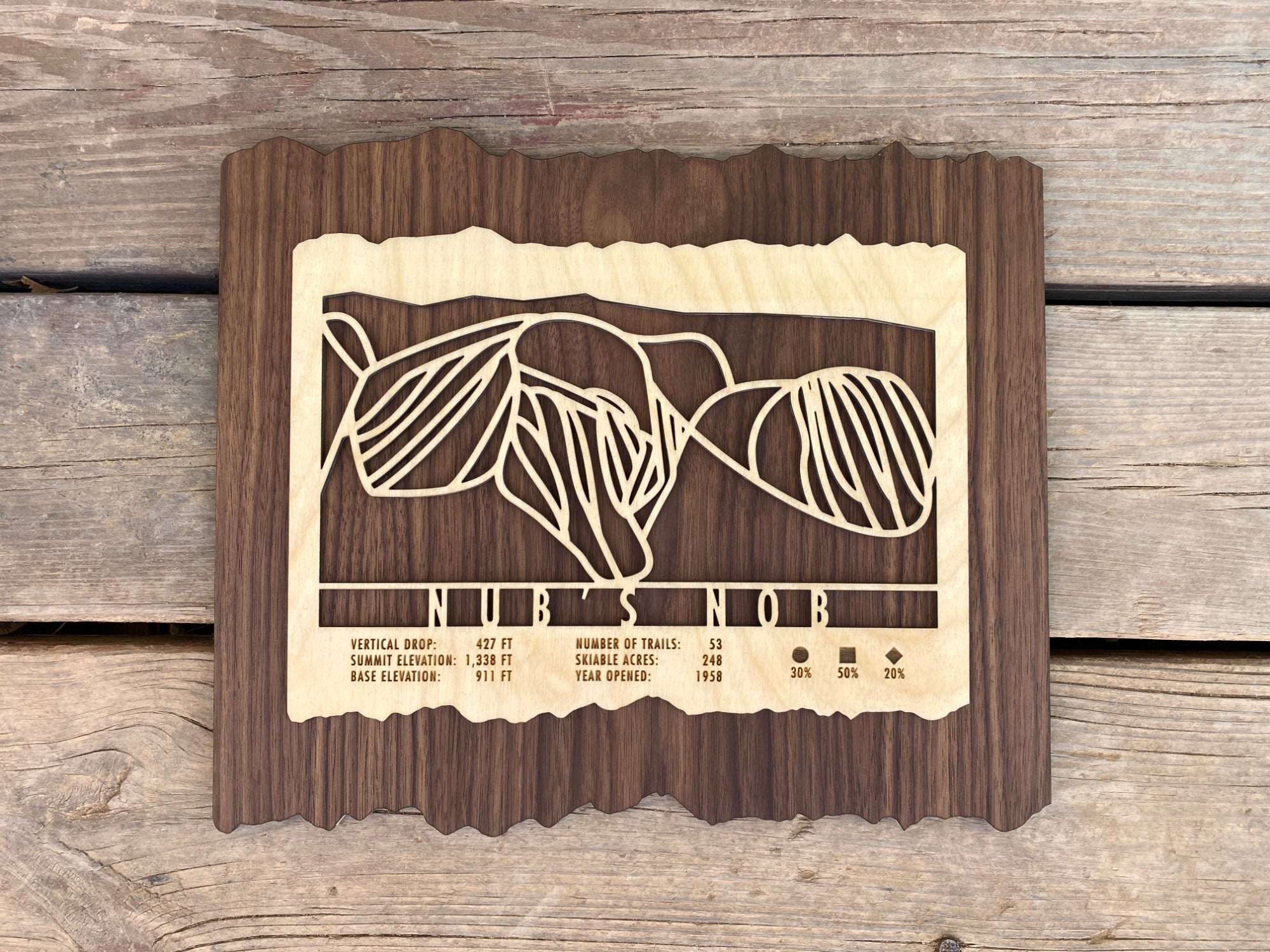 Wooden Nub's Nob Ski Trail Map by Mountaincut displayed on rustic wood surface, perfect skier gift and wall decor for cabins or offices.