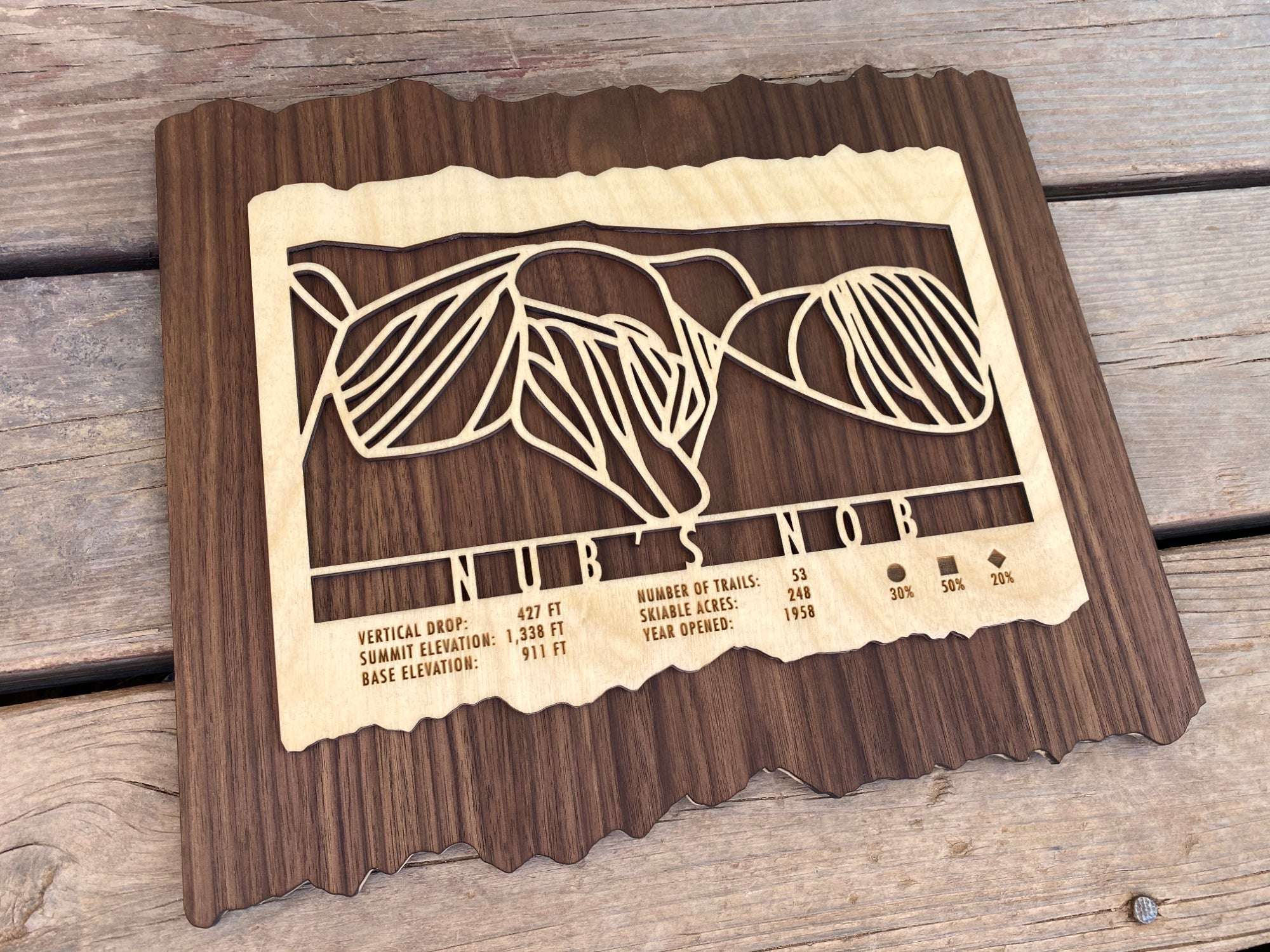 Angled view of Nub's Nob Ski Trail Map - Gift for Skiers - Mountaincut wood artwork showing detailed trail lines and resort information.