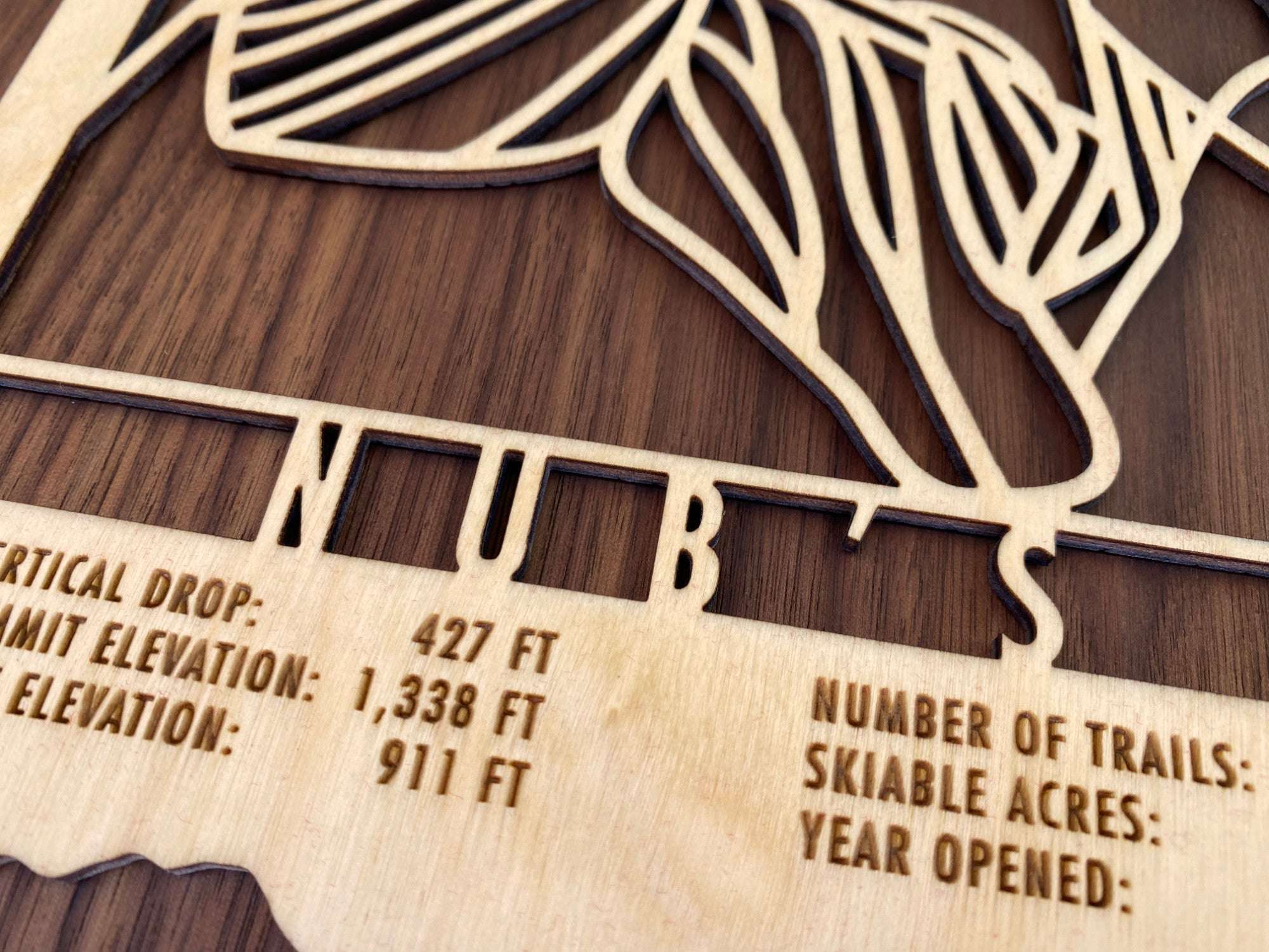 Detailed close-up of Nub's Nob Ski Trail Map - Gift for Skiers - Mountaincut showing precision-cut wood and engraved ski resort stats.