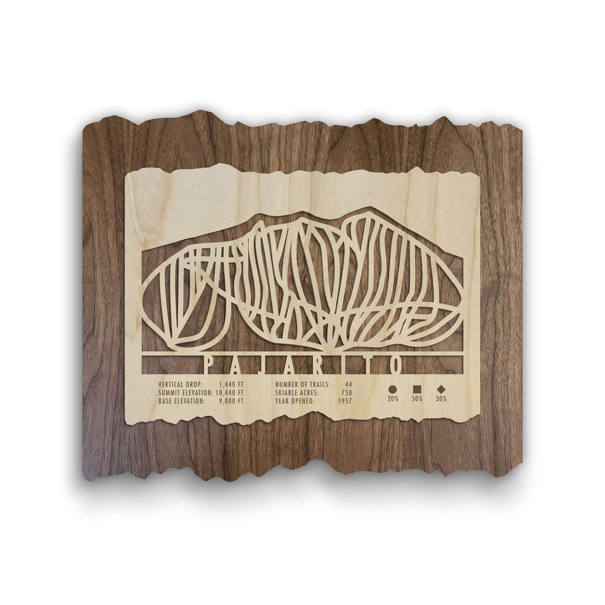 Pajarito Ski Trail Map - Wood Ski Decor - Mountaincut wall art featuring engraved ski trails and mountain stats, ideal for ski lodge or office decor.