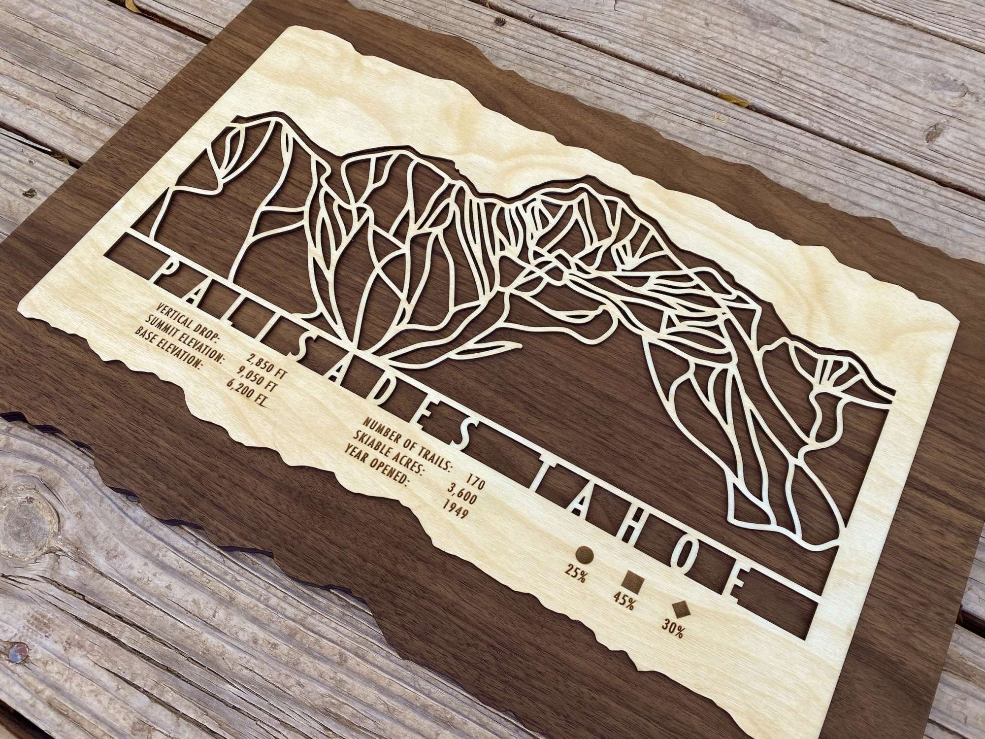 Side perspective of Palisades Tahoe Ski Trail Map - Wood Wall Decor with intricate mountain cutout design, a unique gift for skiers and snowboarders.