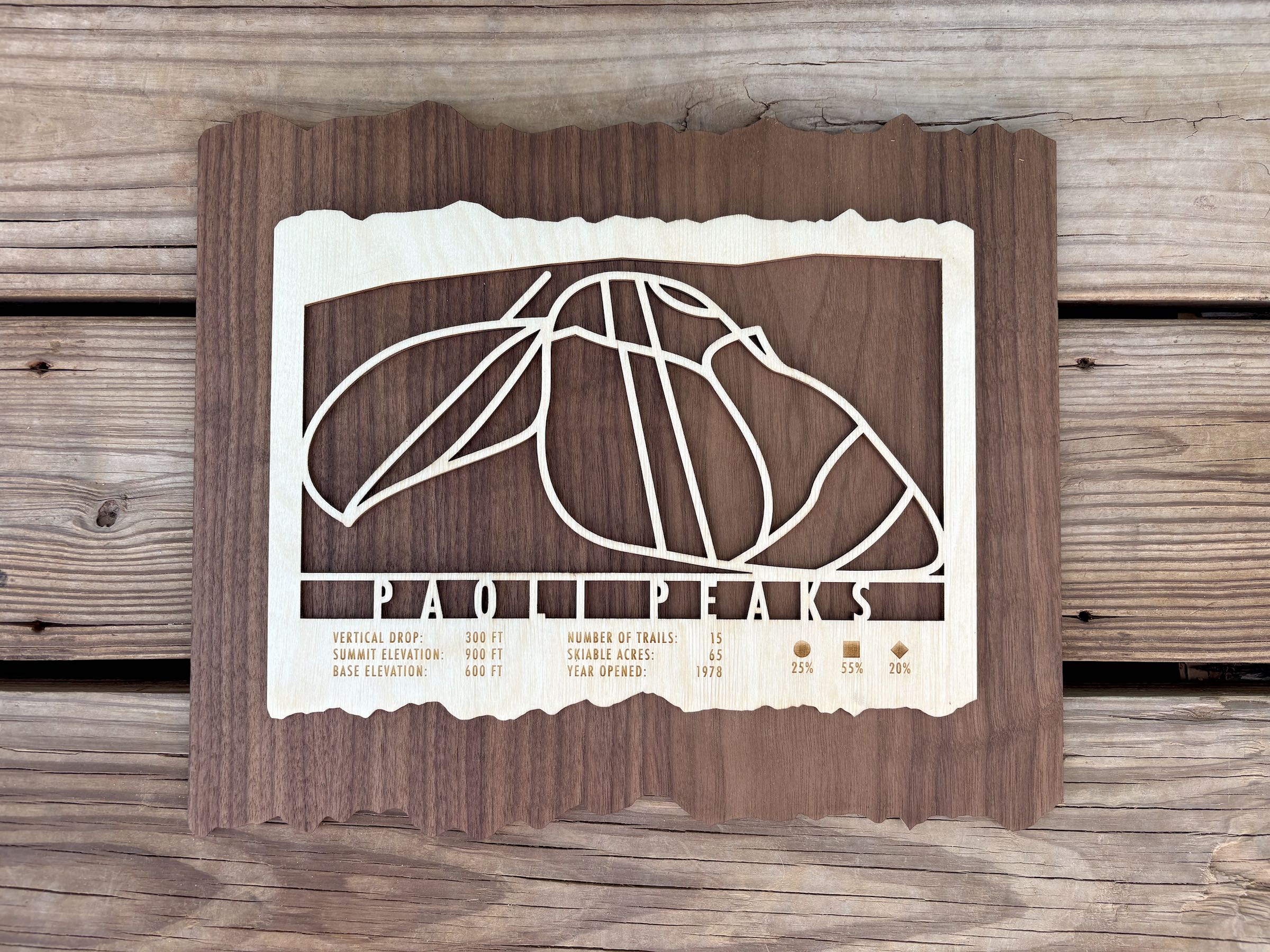 Rustic Paoli Peaks Ski Trail Map wood wall art with engraved trail design and resort stats, a unique gift for Indiana skiing enthusiasts.