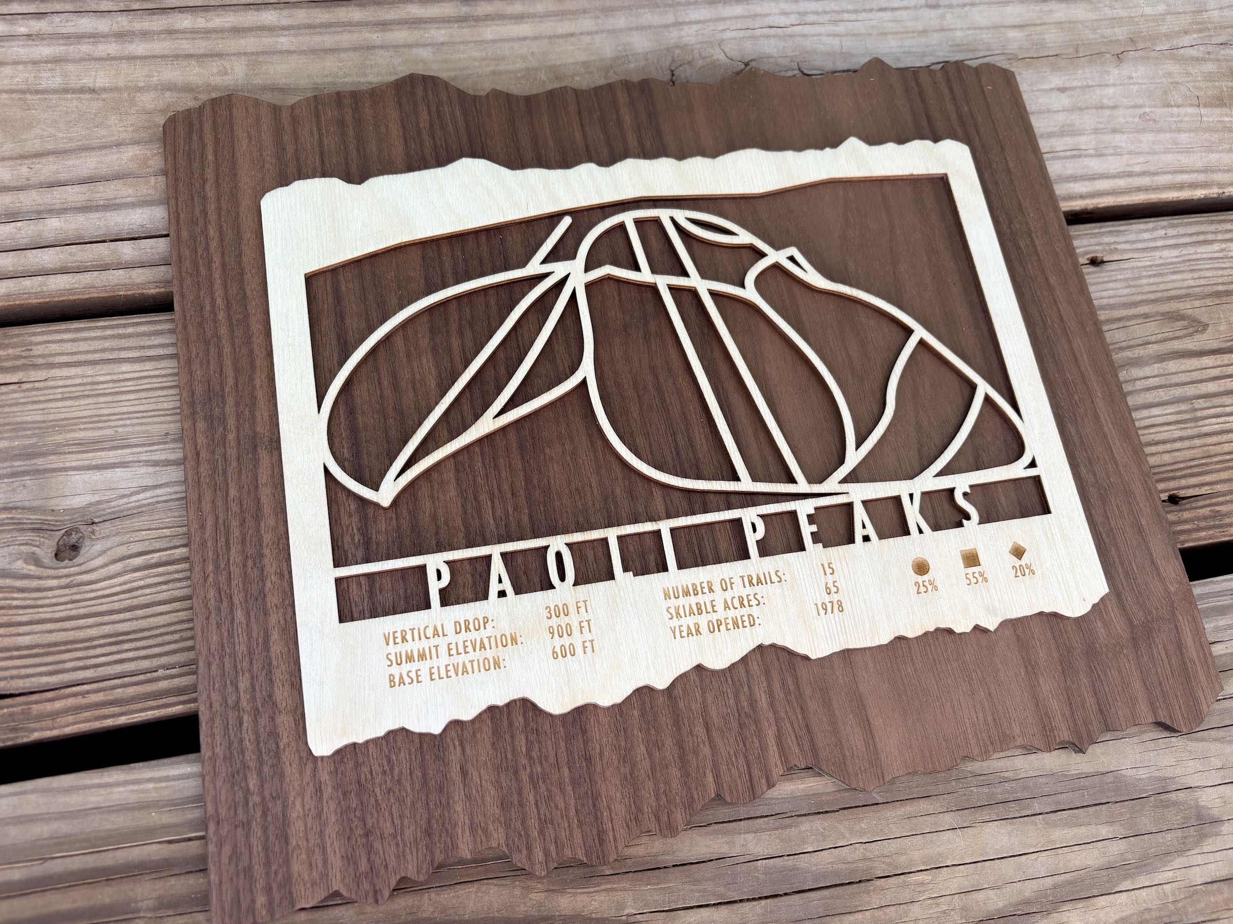 Wooden Paoli Peaks Ski Trail Map decor with laser-cut design and resort details, perfect rustic ski artwork for home or cabin walls.