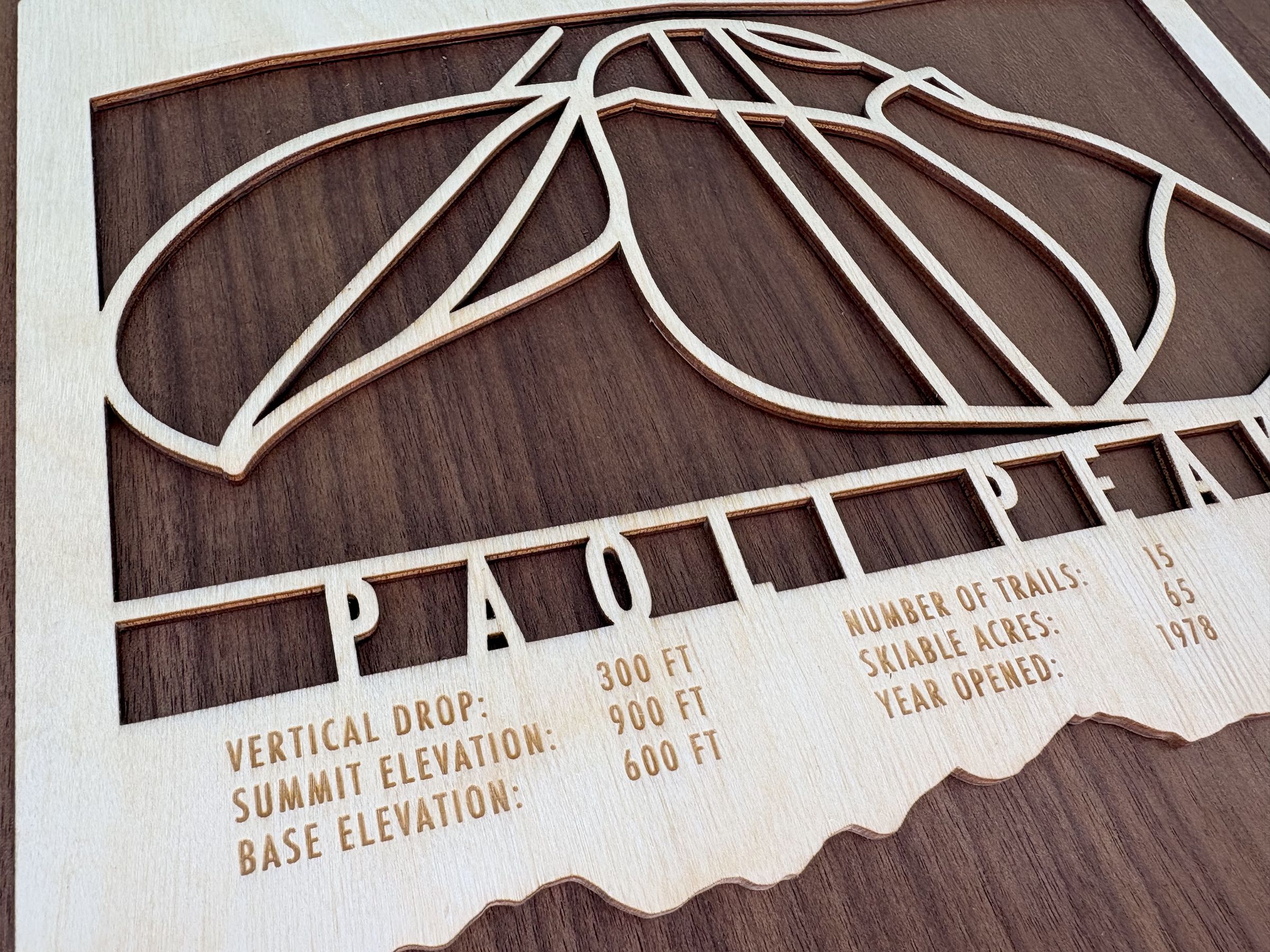 Detailed view of Paoli Peaks wood ski map highlighting vertical drop, summit elevation, and number of trails, ideal for Indiana ski fans.