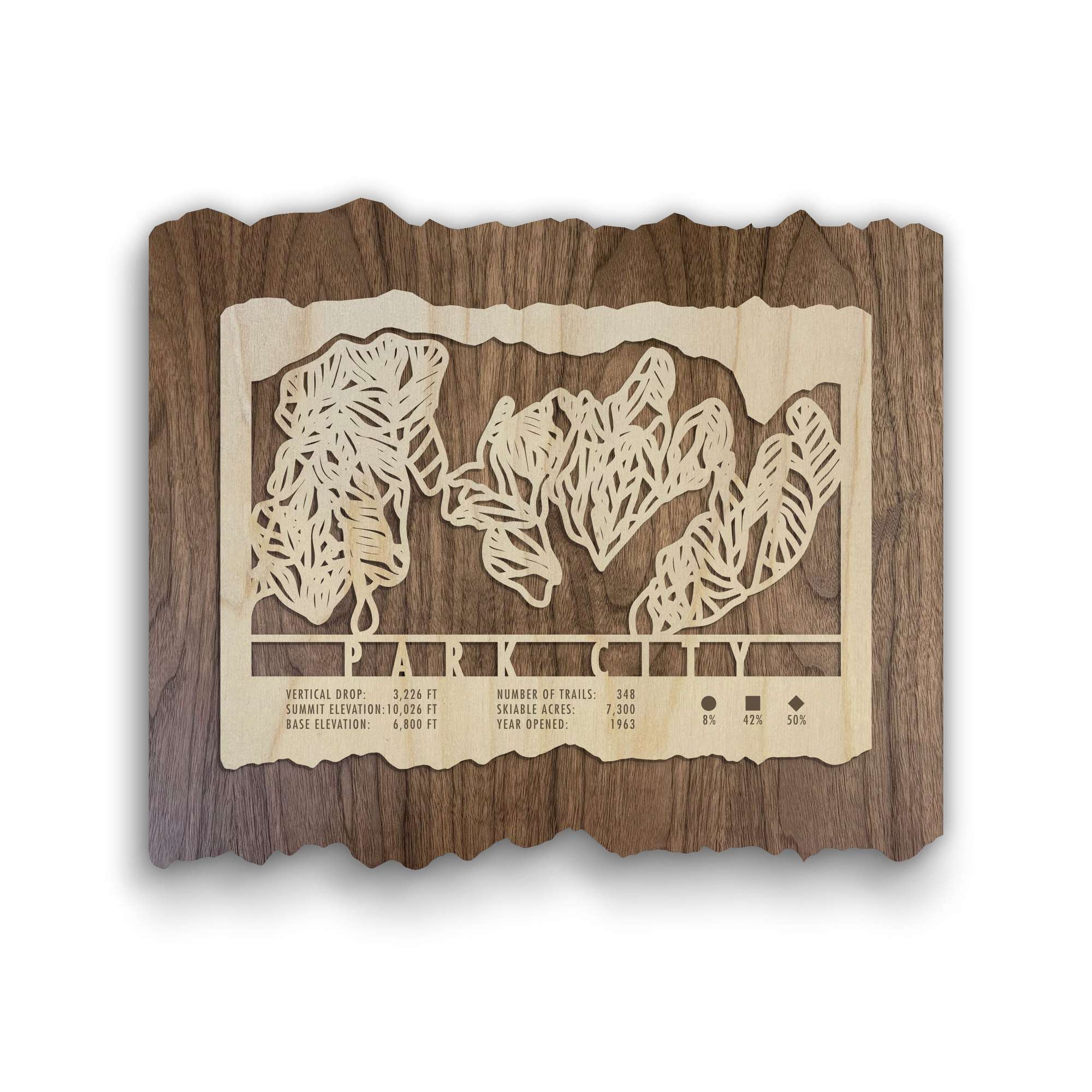 Park City Ski Trail Map - Wood Ski Decor by Mountaincut featuring laser-cut trail design on rustic wood, perfect for ski lodge wall art.