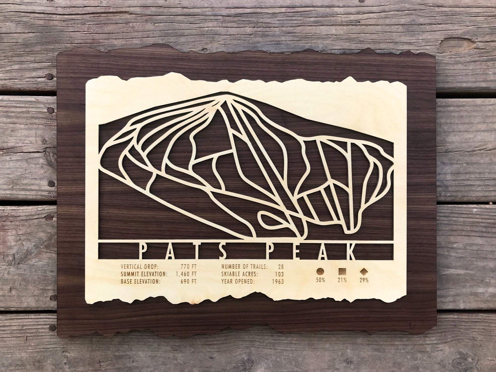Top-down view of Pats Peak Ski Trail Map - Wood Ski Decor with trail layout and ski resort stats, ideal for rustic home or cabin decoration.